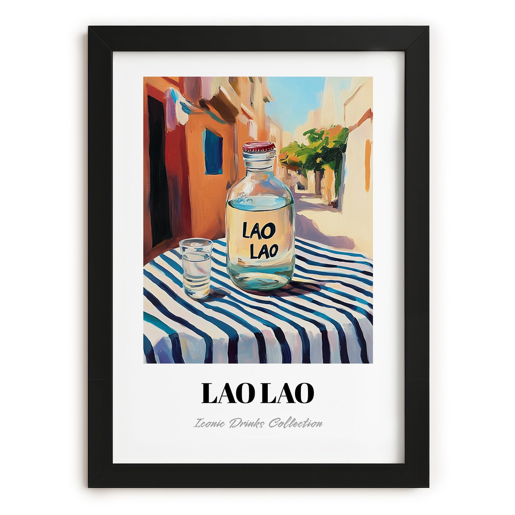 Lao Lao – Laos Urban Café Scene, Laos Wine Illustration, in sleek black frame