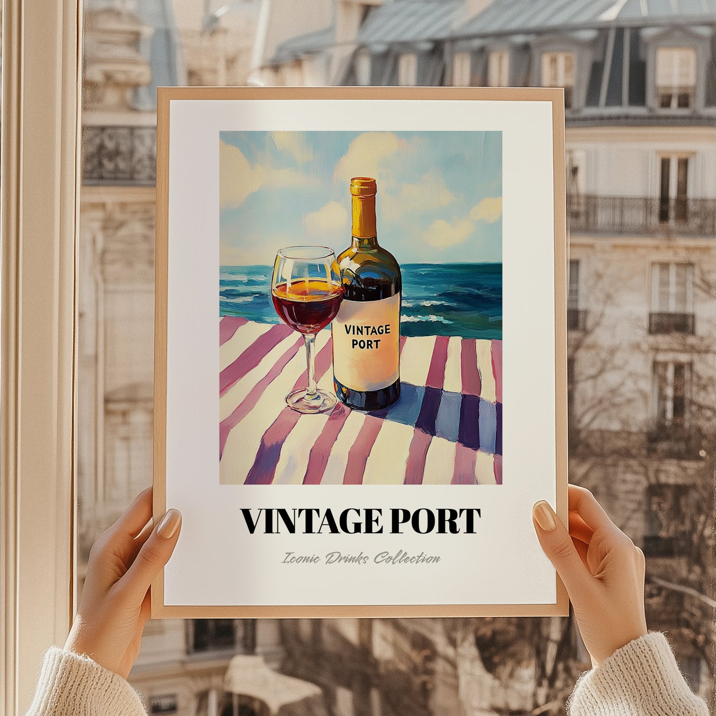 Vintage Port – Portuguese Seaside Café Scene, Portuguese Dessert Wine Painting, styled in a charming Paris street view