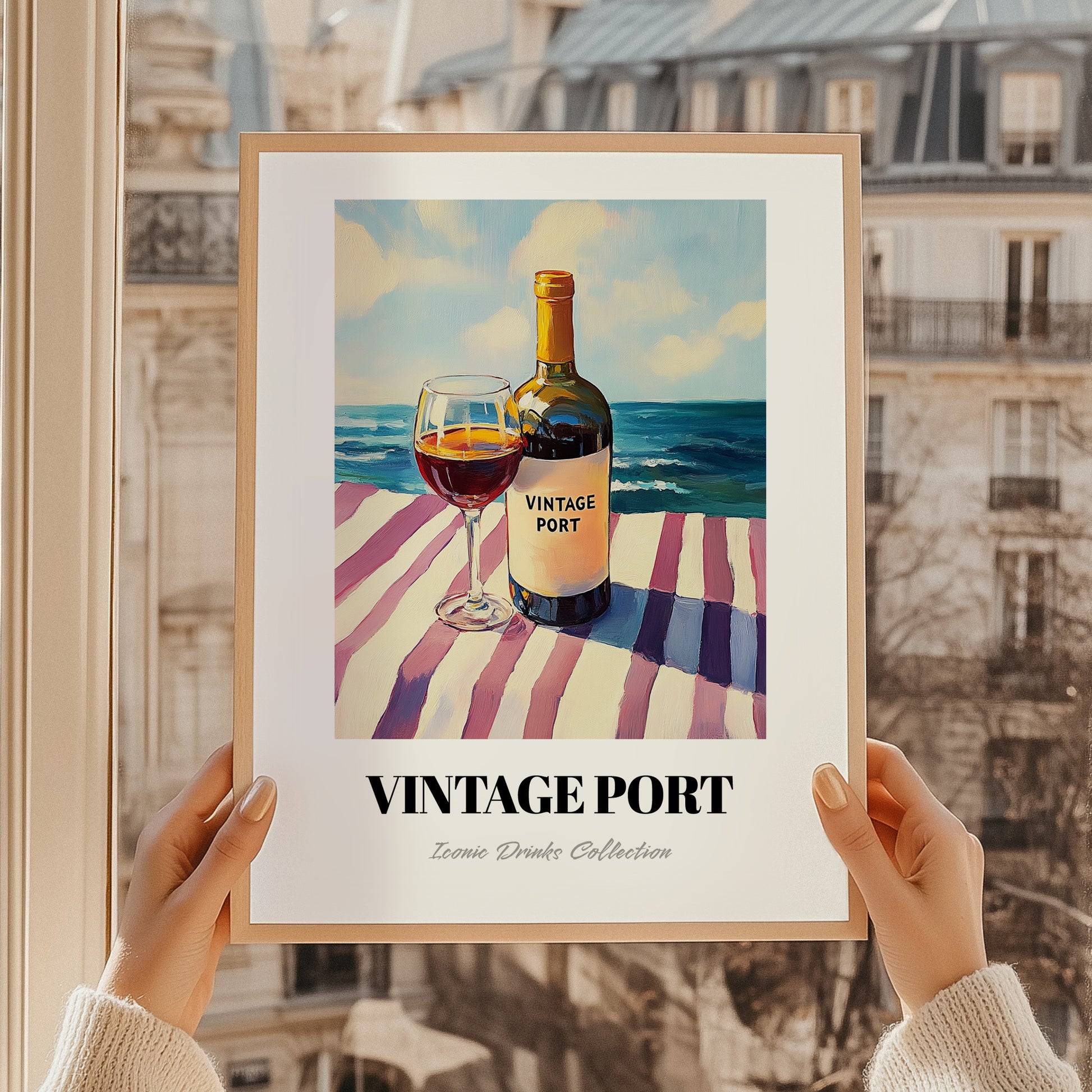 Vintage Port – Portuguese Seaside Café Scene, Portuguese Dessert Wine Painting, styled in a charming Paris street view