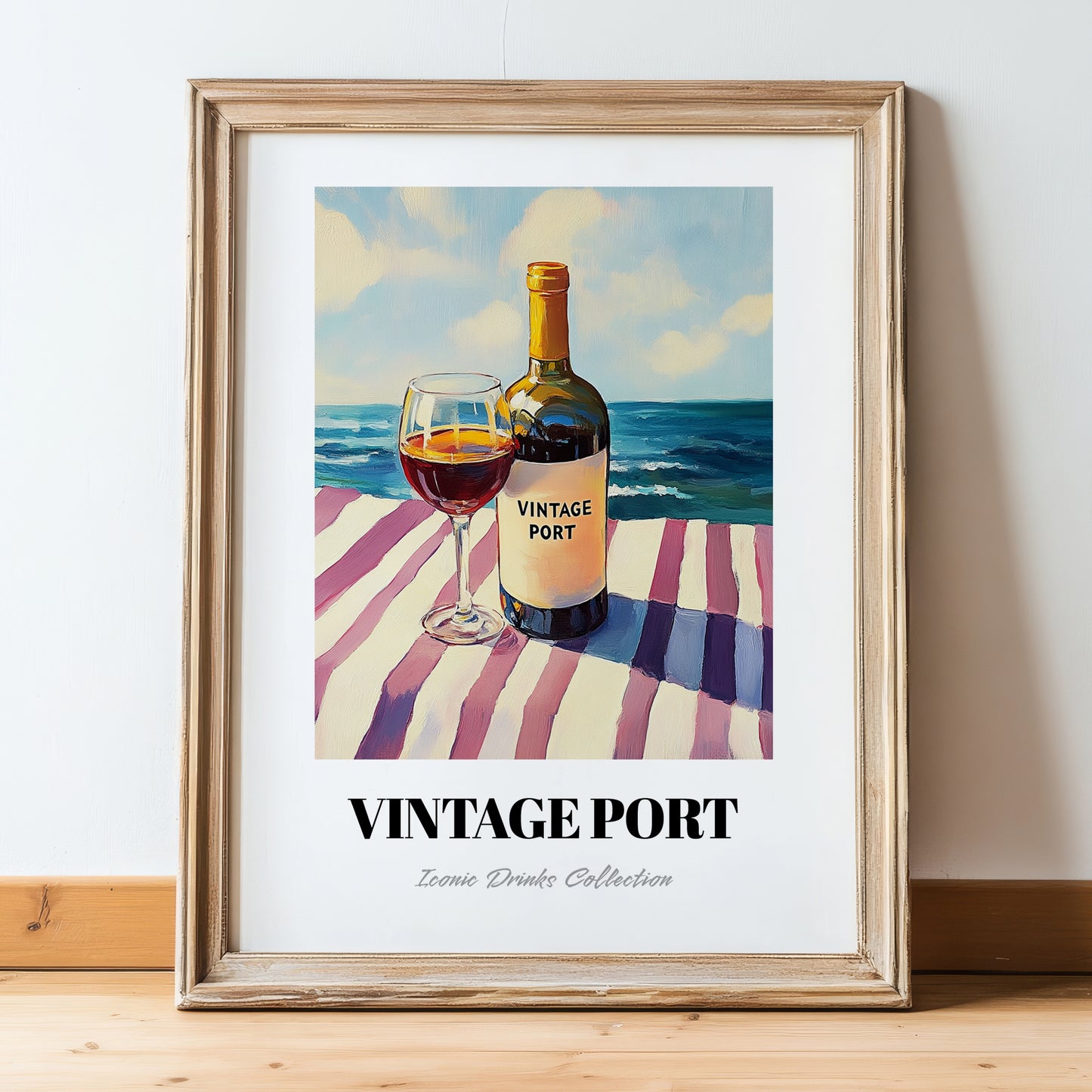 Vintage Port – Portuguese Seaside Café Scene, Portuguese Dessert Wine Painting, in wooden frame leaning on the floor