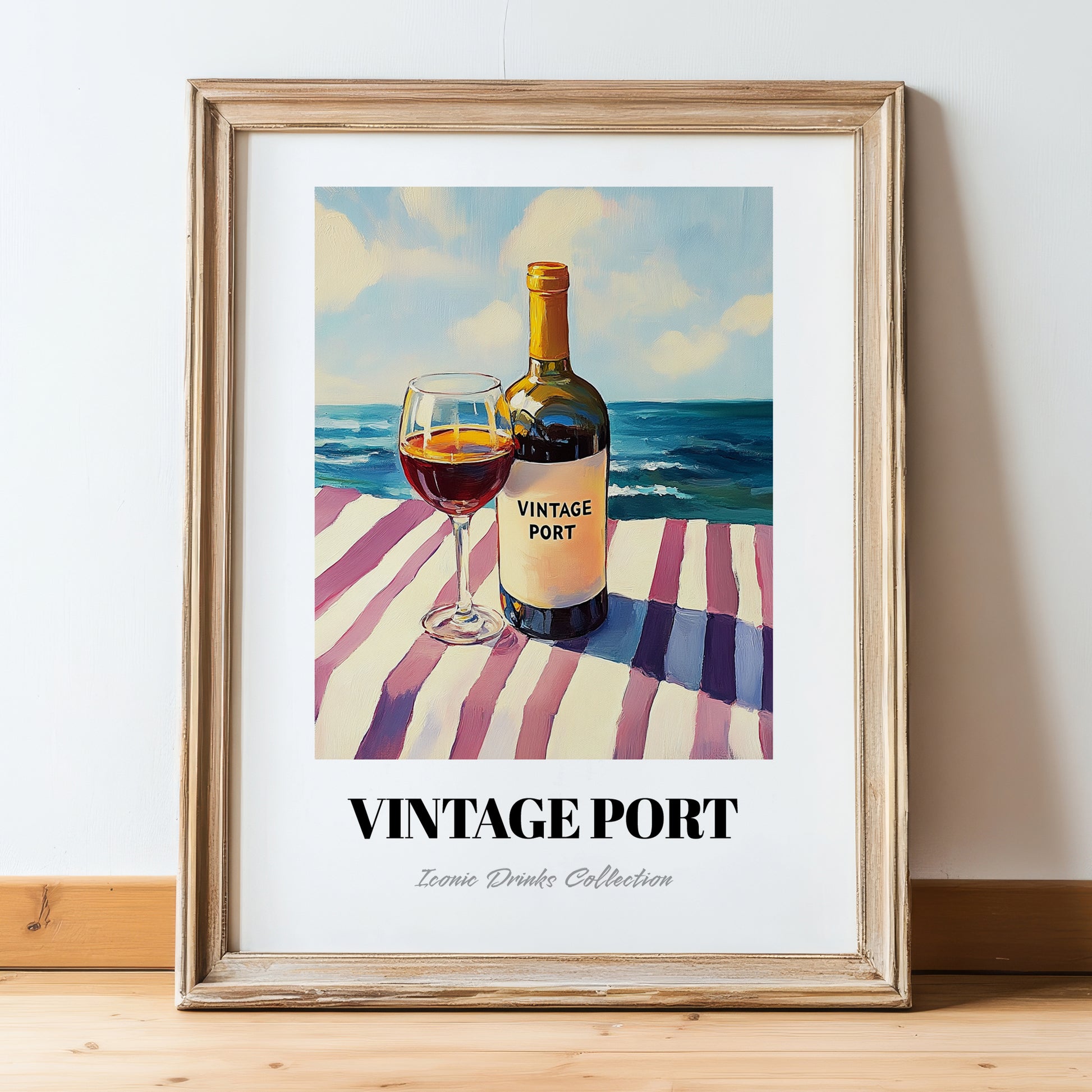 Vintage Port – Portuguese Seaside Café Scene, Portuguese Dessert Wine Painting, in wooden frame leaning on the floor