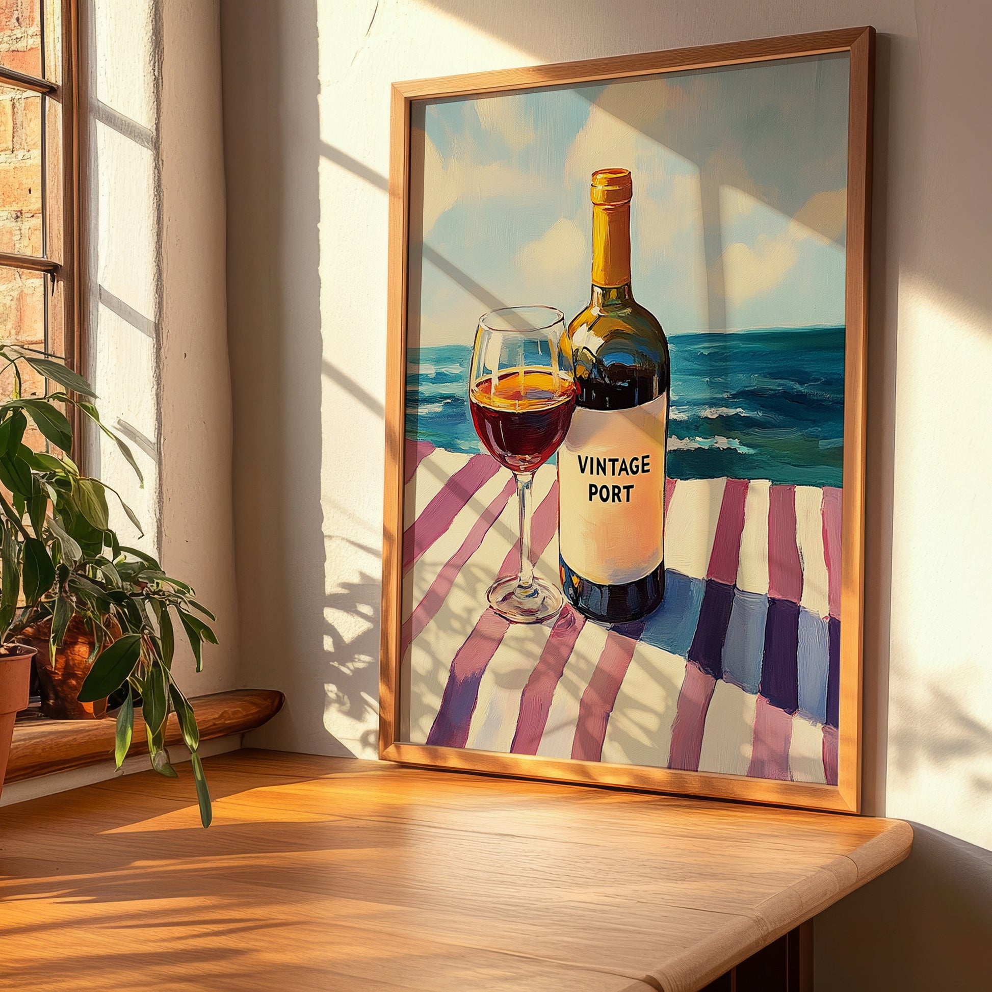 Vintage Port – Portuguese Seaside Café Scene, Portuguese Dessert Wine Painting, clean layout with no caption