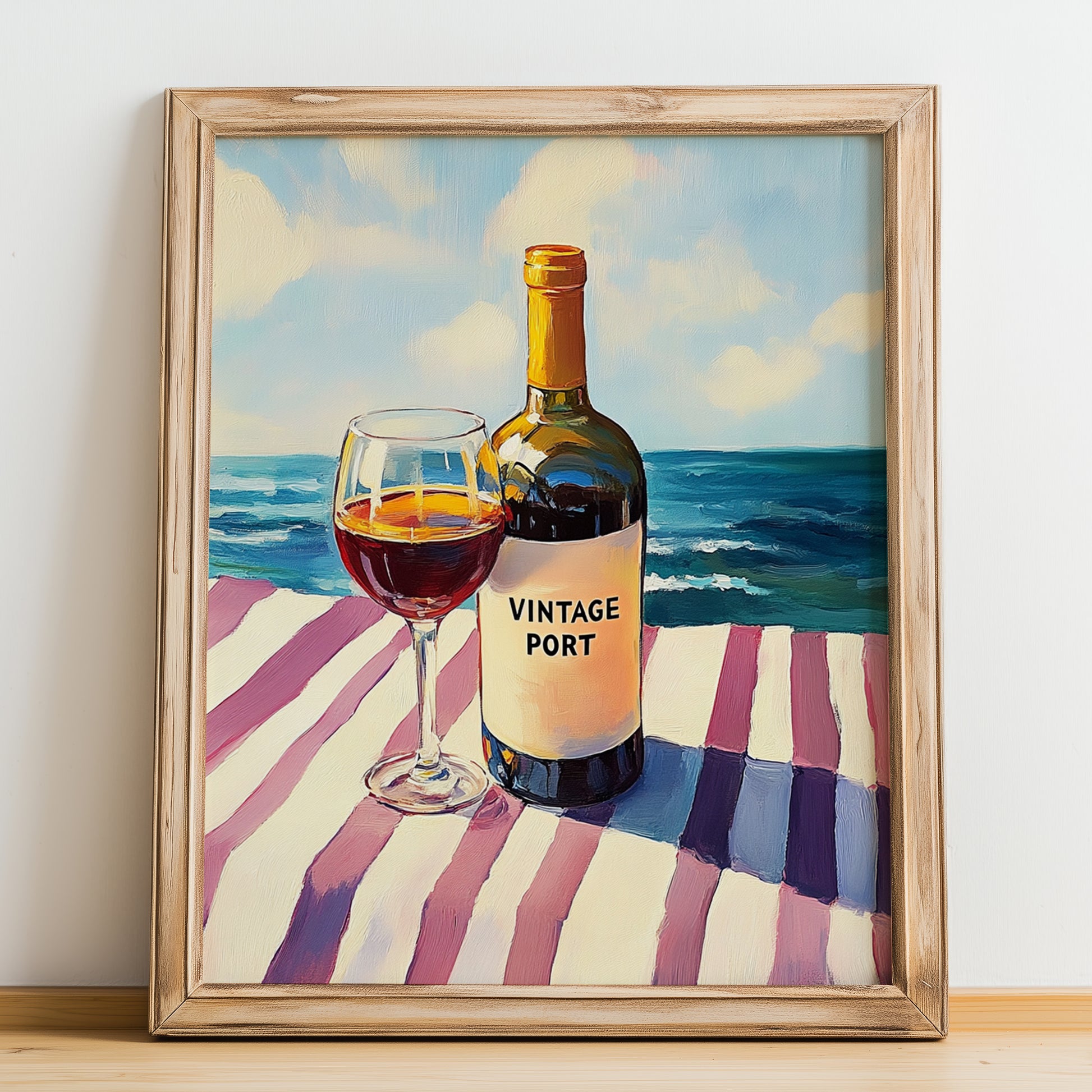 Vintage Port – Portuguese Seaside Café Scene, Portuguese Dessert Wine Painting, no-text version framed in wood