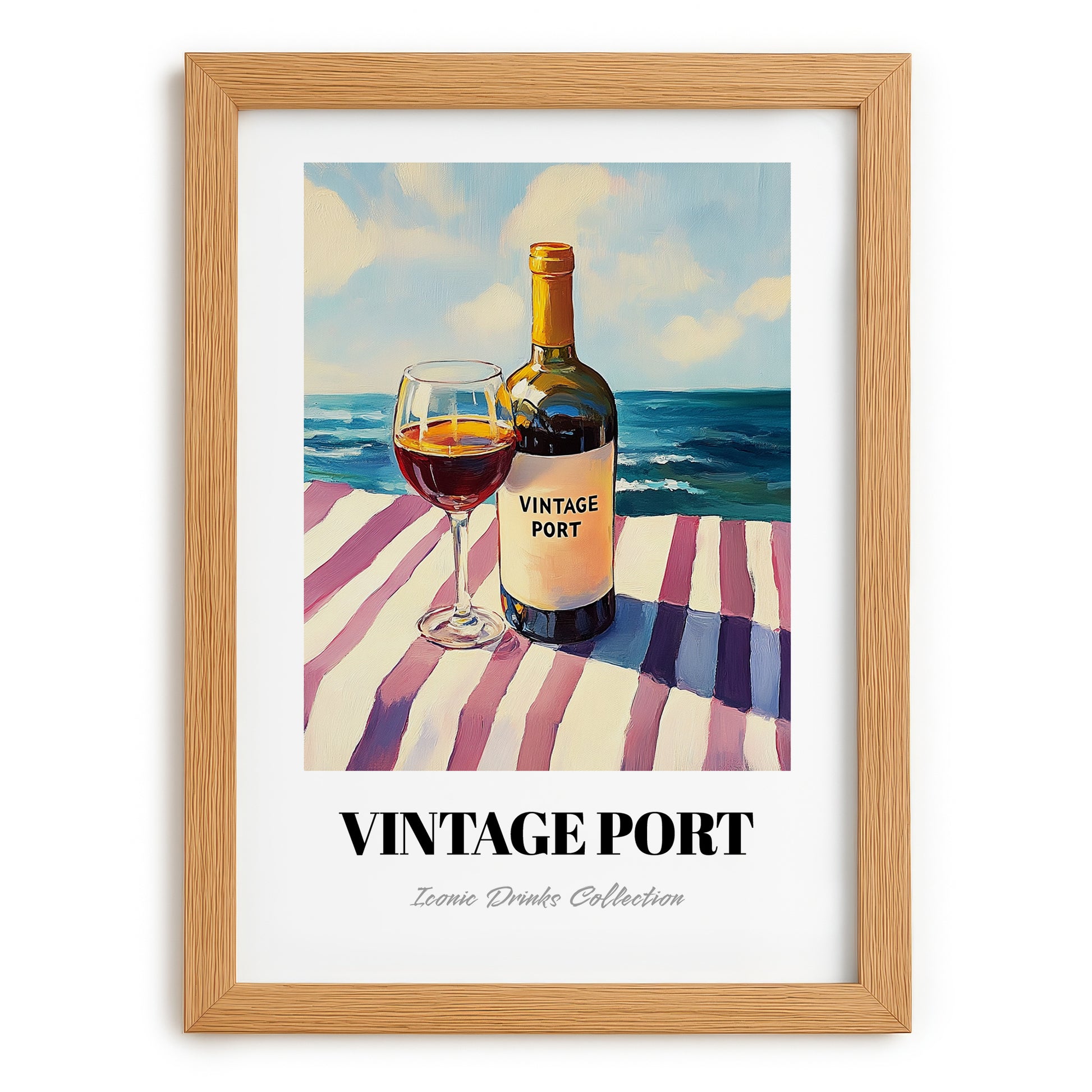 Vintage Port – Portuguese Seaside Café Scene, Portuguese Dessert Wine Painting, set in oak frame