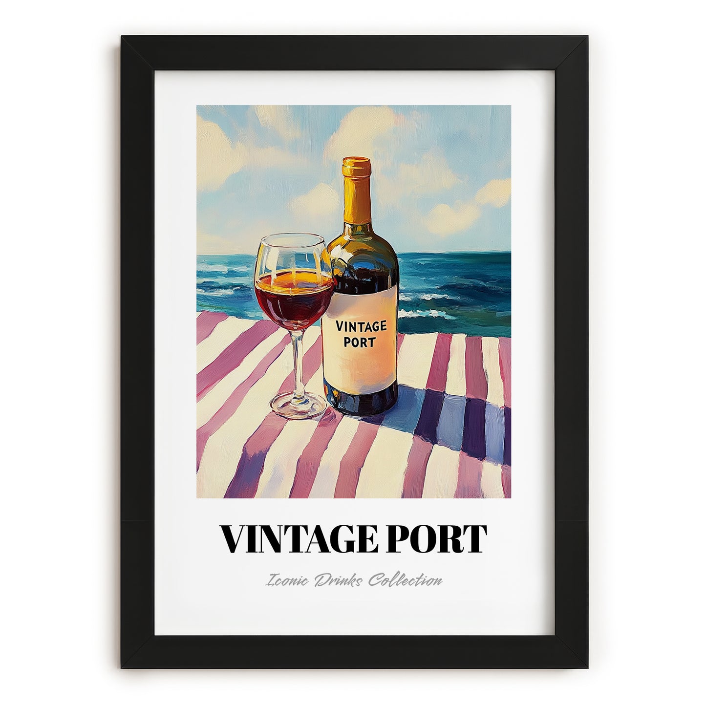 Vintage Port – Portuguese Seaside Café Scene, Portuguese Dessert Wine Painting, in sleek black frame