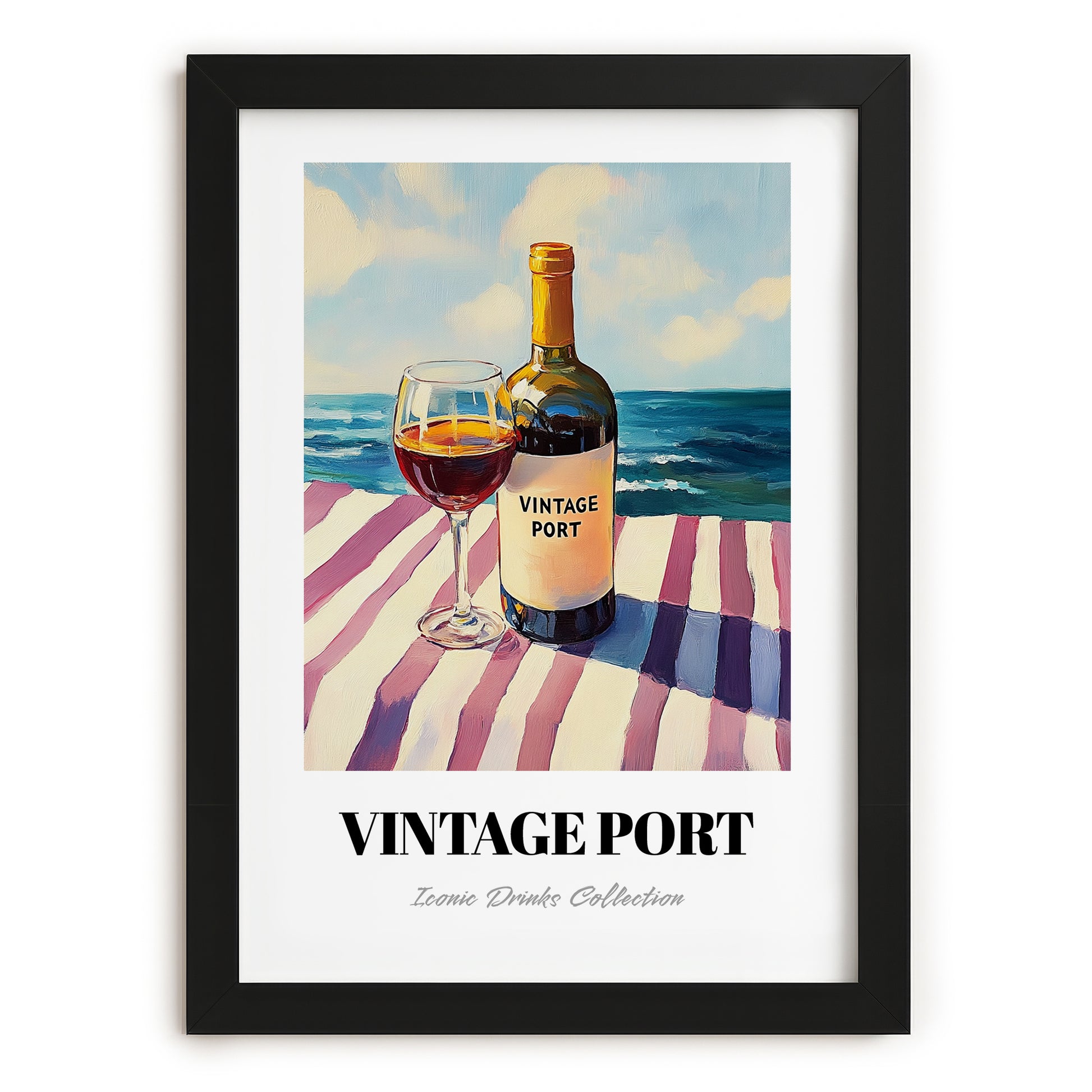 Vintage Port – Portuguese Seaside Café Scene, Portuguese Dessert Wine Painting, in sleek black frame