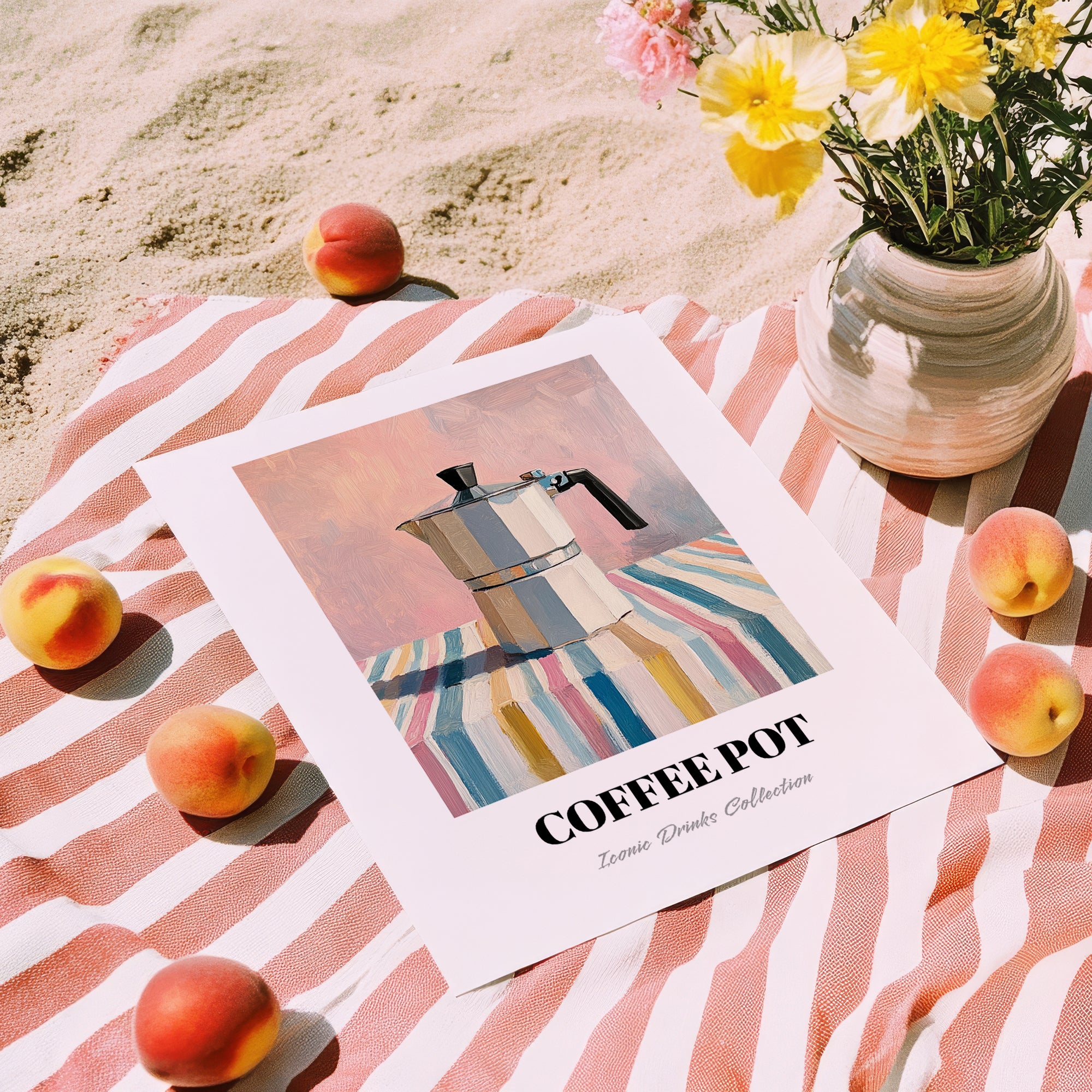 Coffee Pot – on Striped Tablecloth, Kitchen Utensils Wall Art, unframed on coastal sand