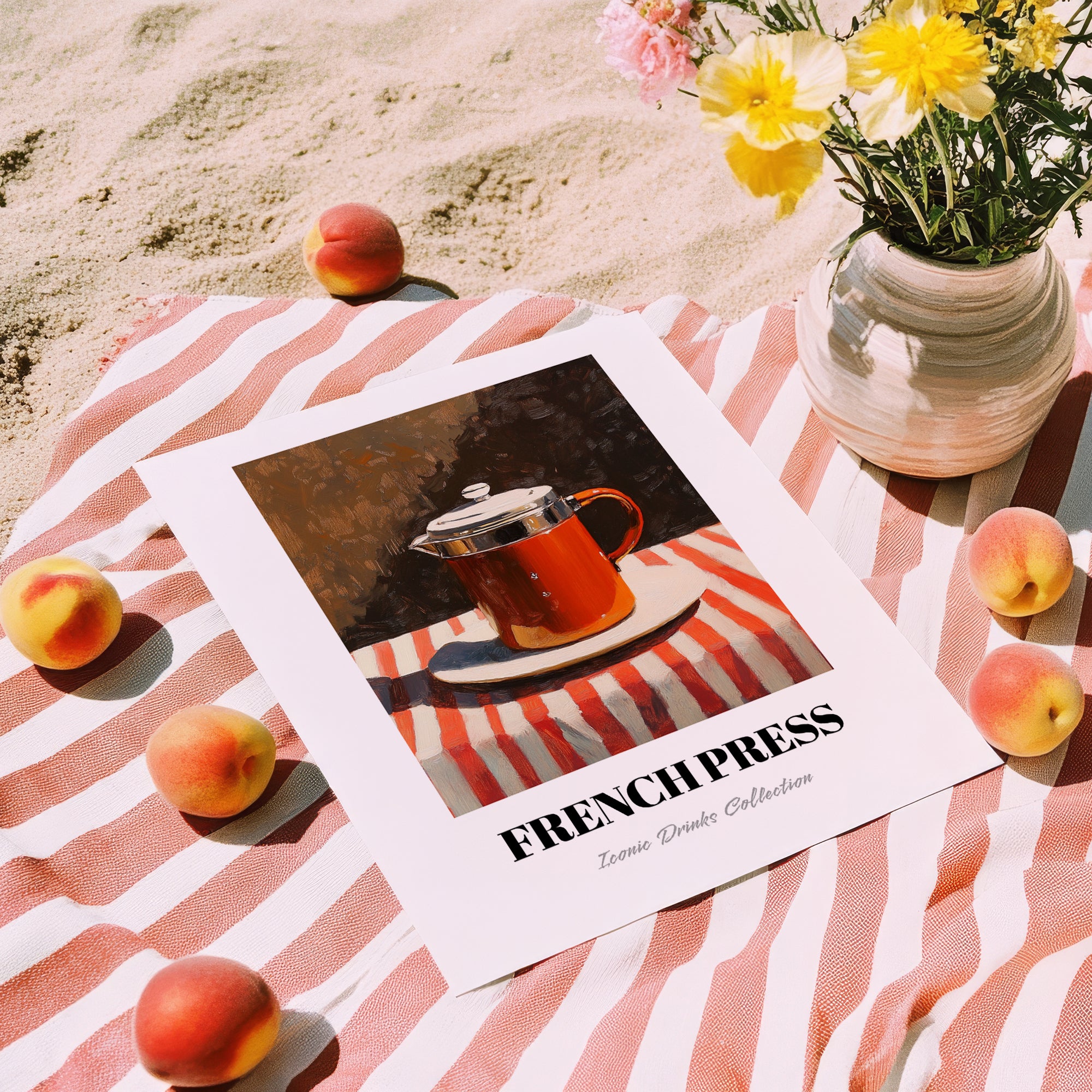 French Press – on Striped Tablecloth, Kitchen Utensils Print, unframed on coastal sand
