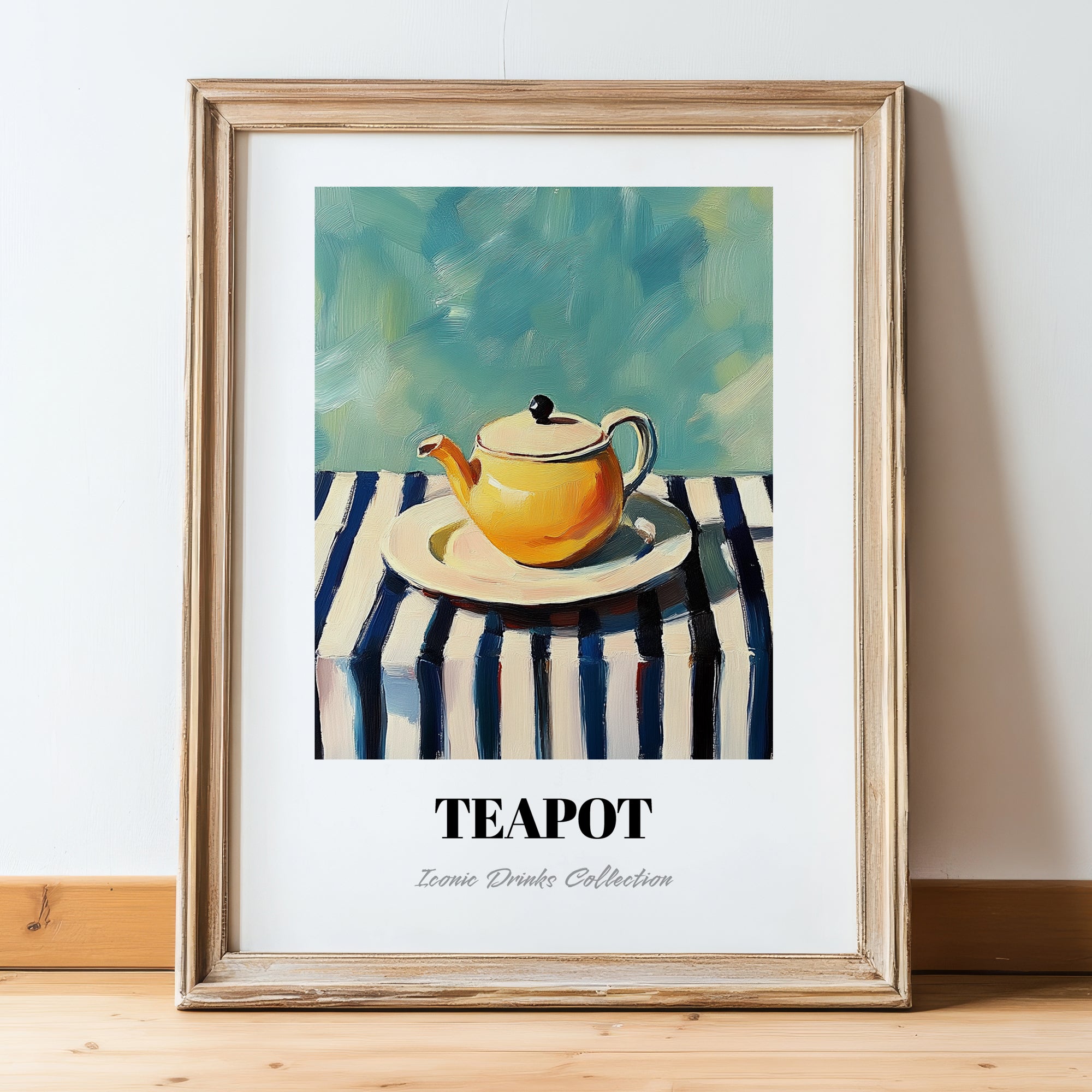 Teapot – on Striped Tablecloth, Kitchen Utensils Painting, in wooden frame leaning on the floor