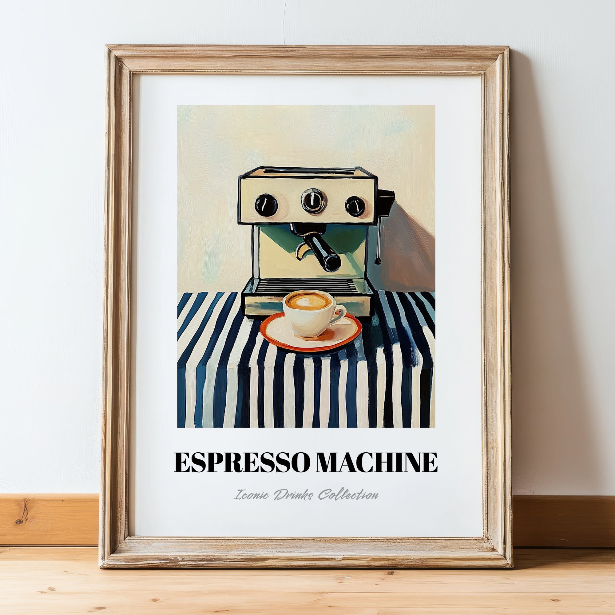 Espresso Machine – on Striped Tablecloth, Kitchen Utensils Wall Decor, in wooden frame leaning on the floor