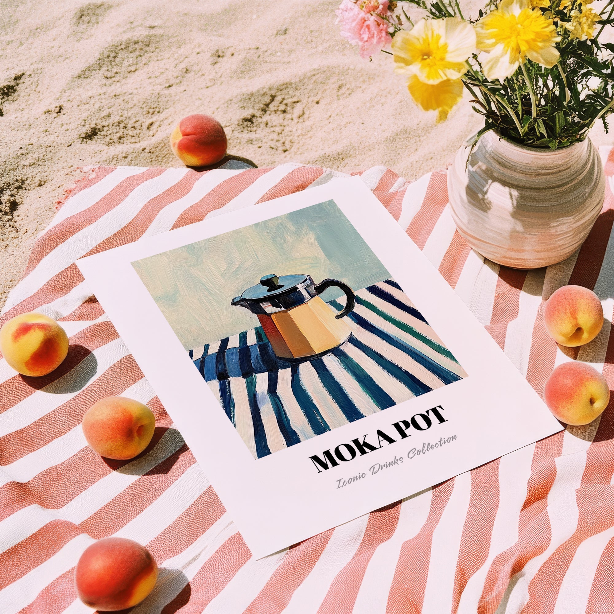 Moka Pot – on Striped Tablecloth, Kitchen Utensils Poster, unframed on coastal sand