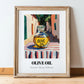 Olive Oil – Italian Street Café Scene, Food Shelf Wall Art, in wooden frame leaning on the floor