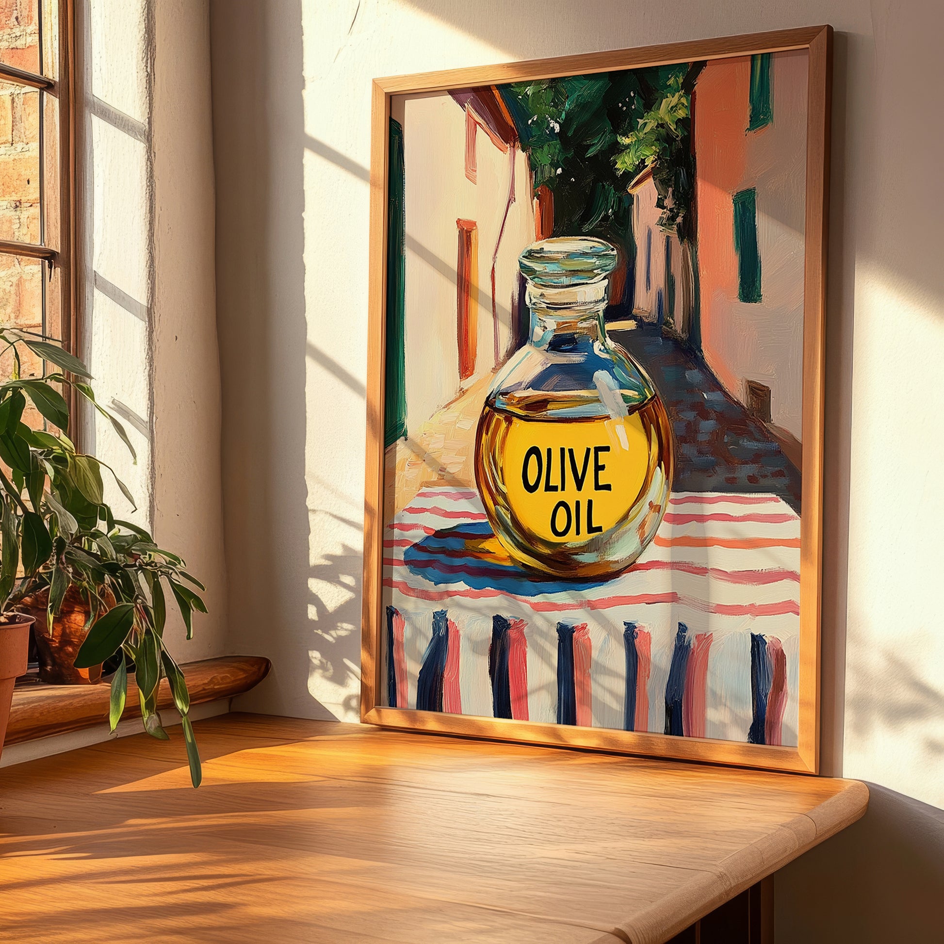 Olive Oil – Italian Street Café Scene, Food Shelf Wall Art, clean layout with no caption