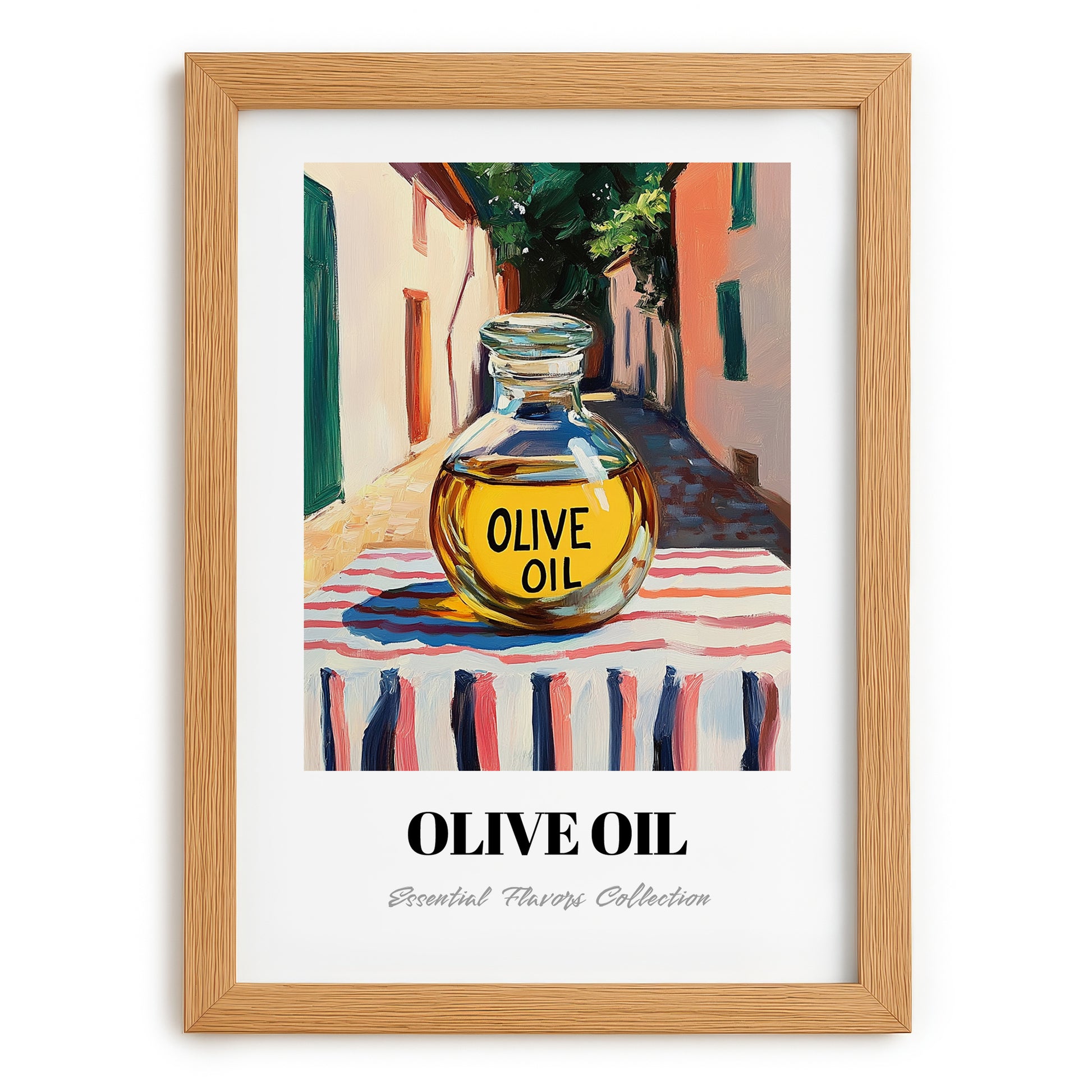 Olive Oil – Italian Street Café Scene, Food Shelf Wall Art, set in oak frame