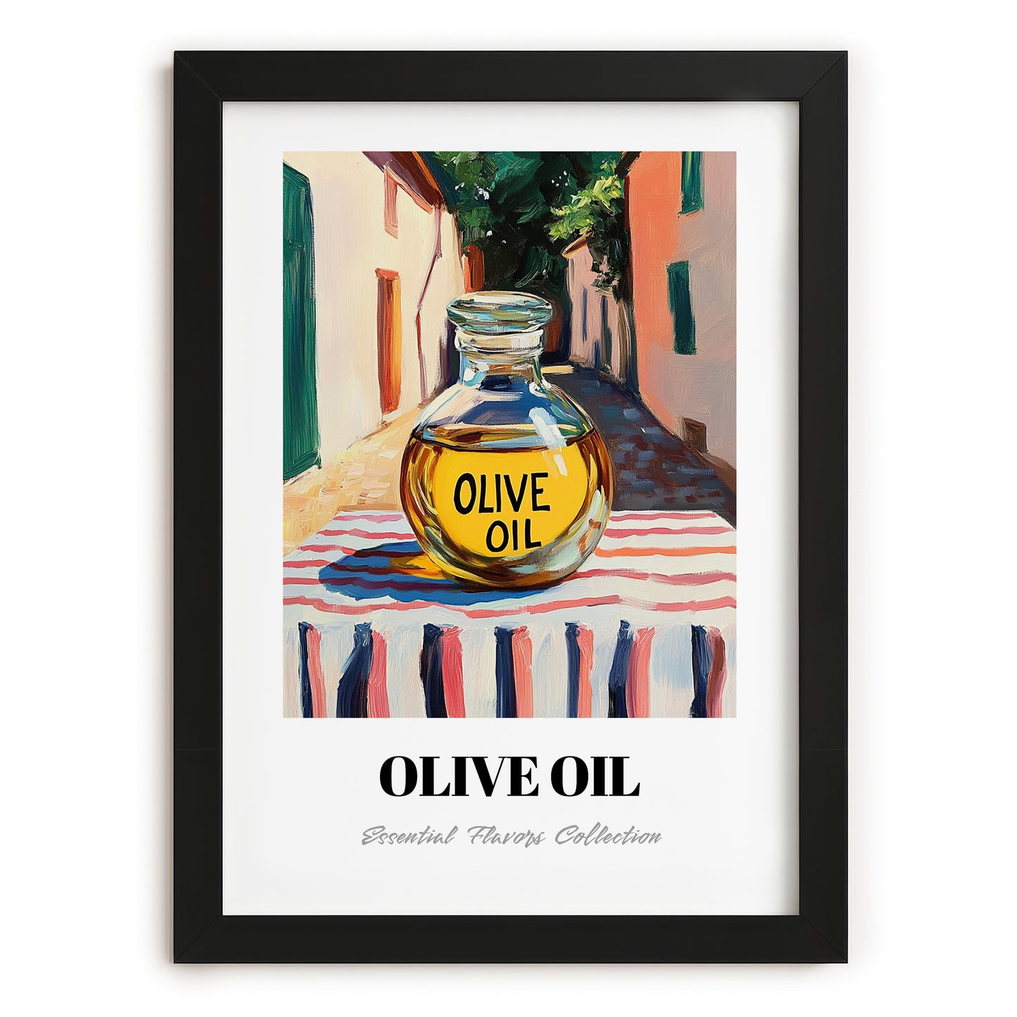 Olive Oil – Italian Street Café Scene, Food Shelf Wall Art, in sleek black frame