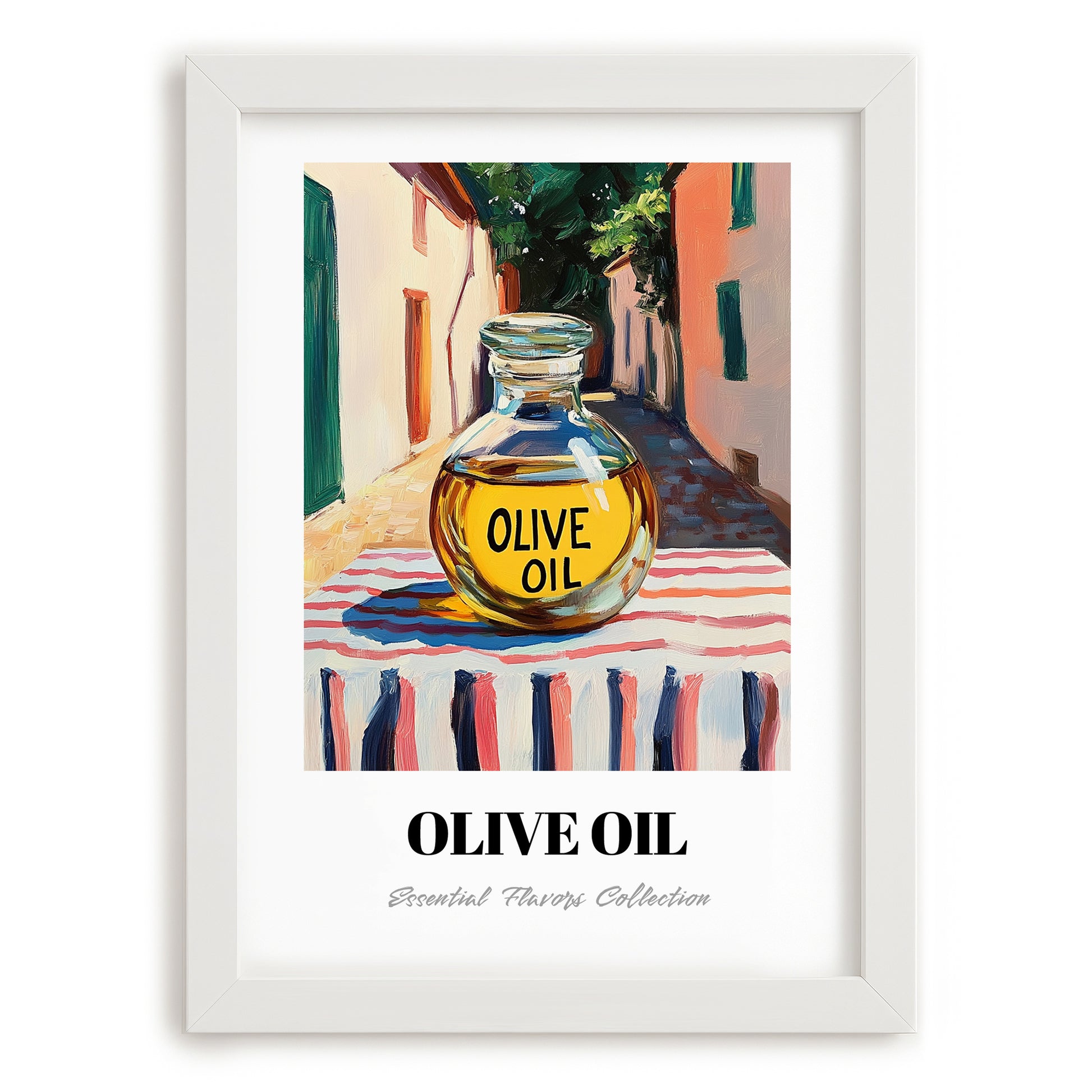 Olive Oil – Italian Street Café Scene, Food Shelf Wall Art, placed in minimal white frame