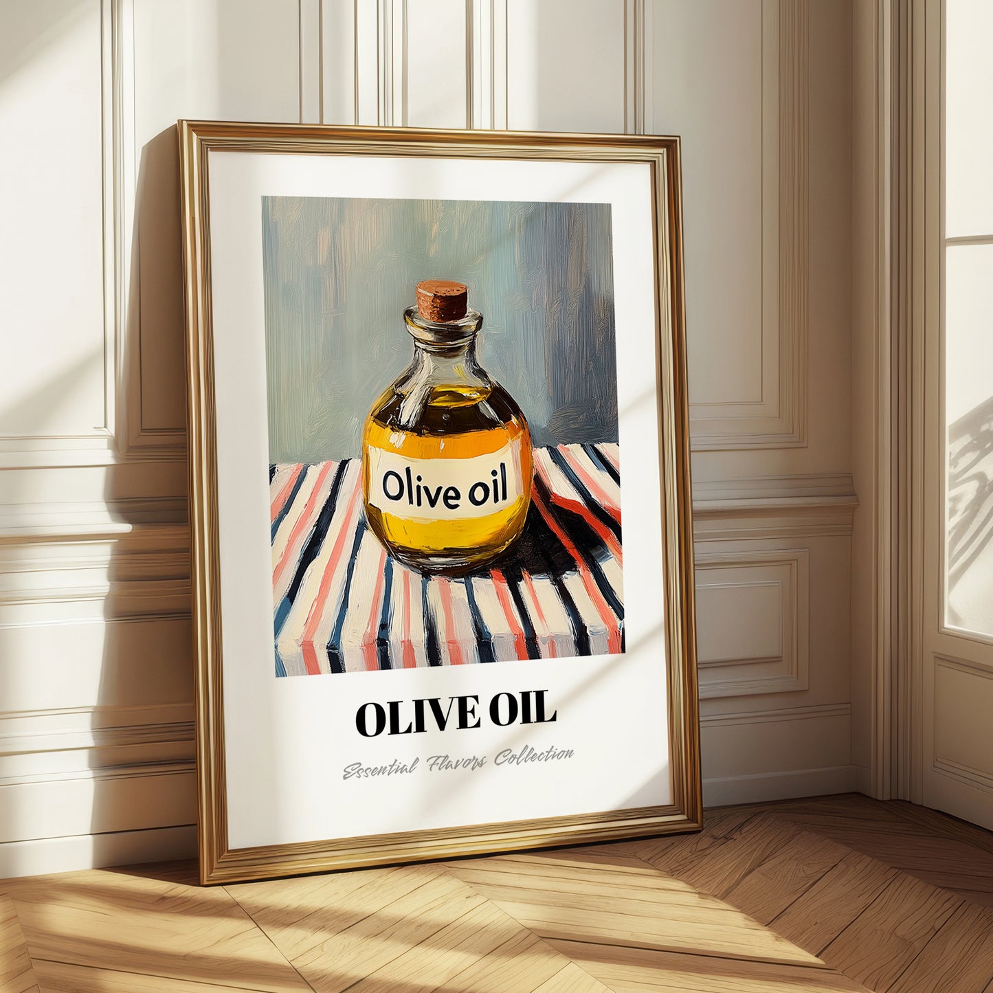 Olive Oil – on Striped Tablecloth, Pantry Poster
