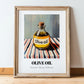 Olive Oil – on Striped Tablecloth, Pantry Poster, in wooden frame leaning on the floor