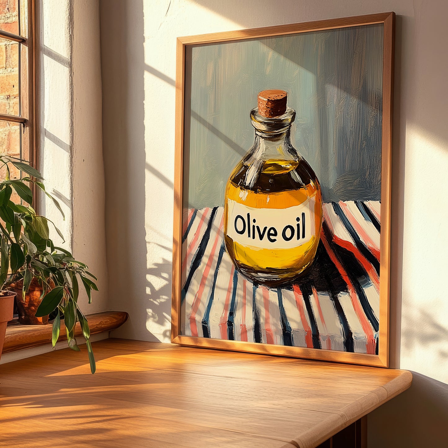 Olive Oil – on Striped Tablecloth, Pantry Poster, clean layout with no caption