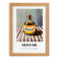 Olive Oil – on Striped Tablecloth, Pantry Poster, set in oak frame