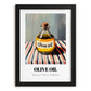 Olive Oil – on Striped Tablecloth, Pantry Poster, in sleek black frame