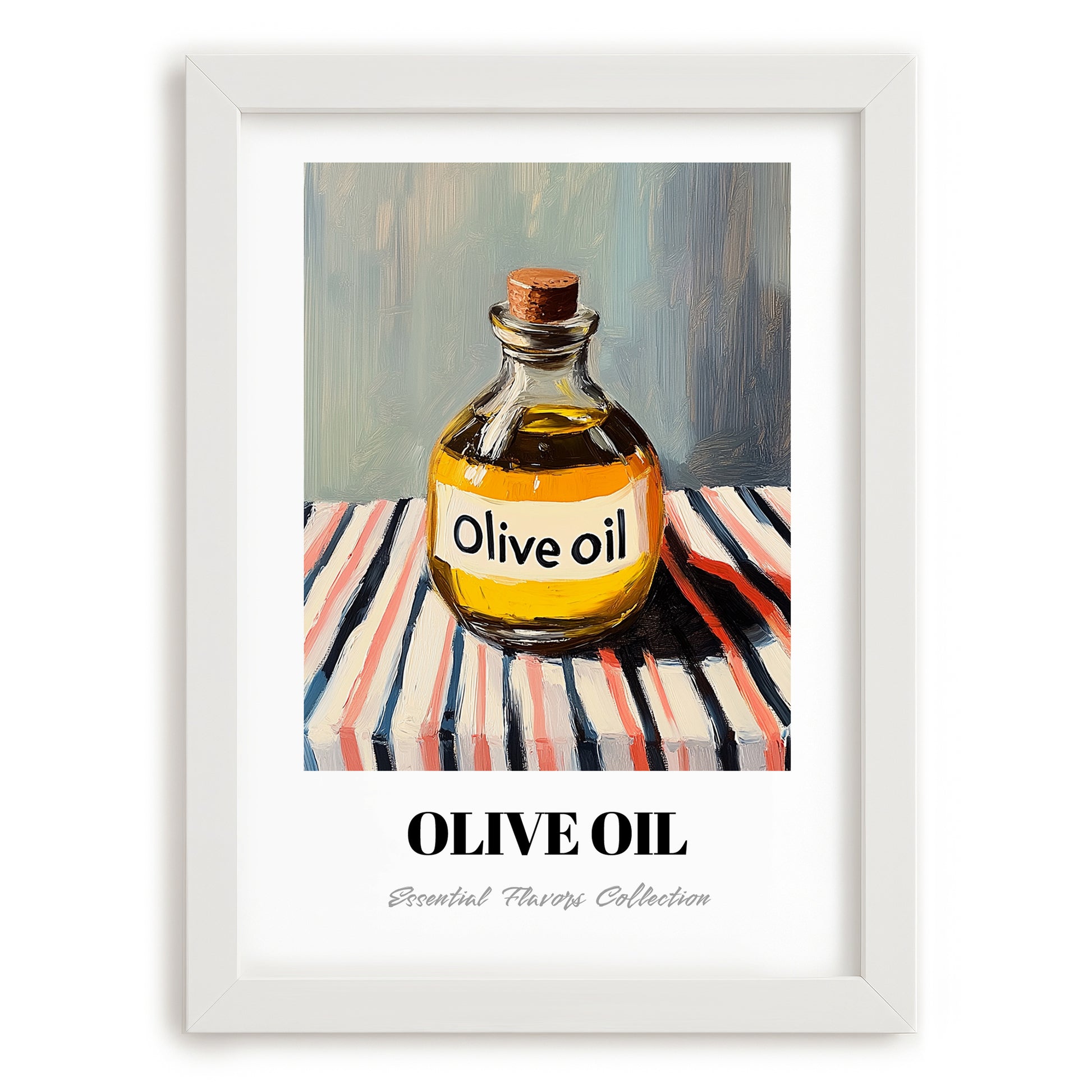 Olive Oil – on Striped Tablecloth, Pantry Poster, placed in minimal white frame