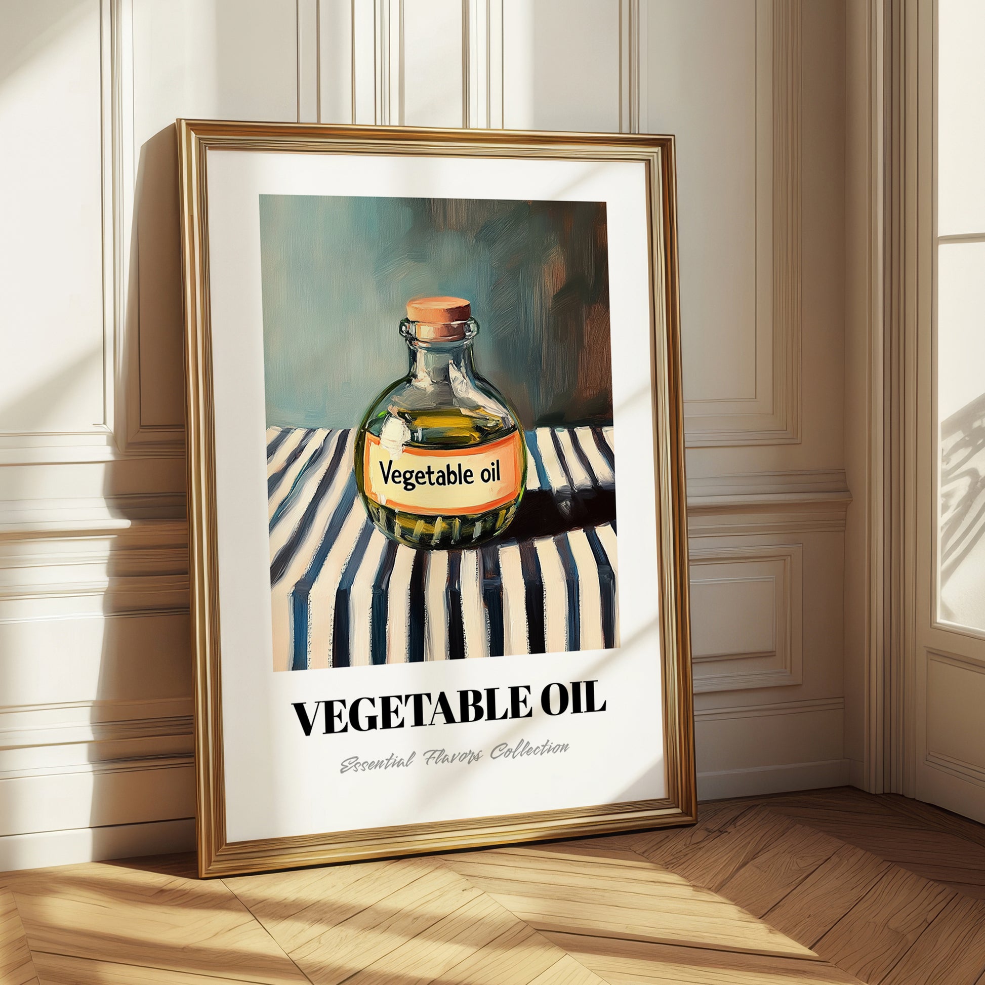 Vegetable Oil – on Striped Tablecloth, Pantry Print