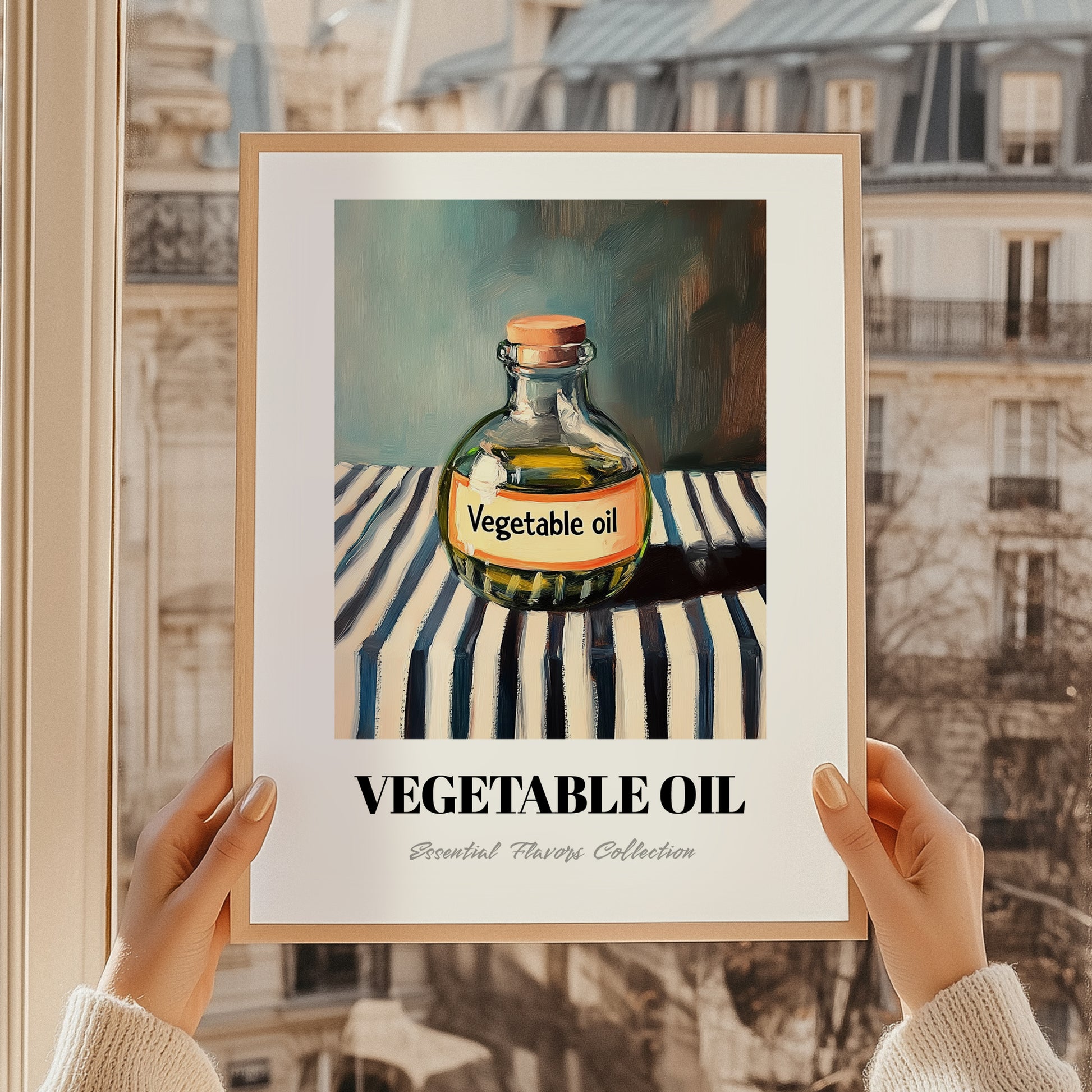 Vegetable Oil – on Striped Tablecloth, Pantry Print, styled in a charming Paris street view
