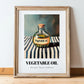 Vegetable Oil – on Striped Tablecloth, Pantry Print, in wooden frame leaning on the floor