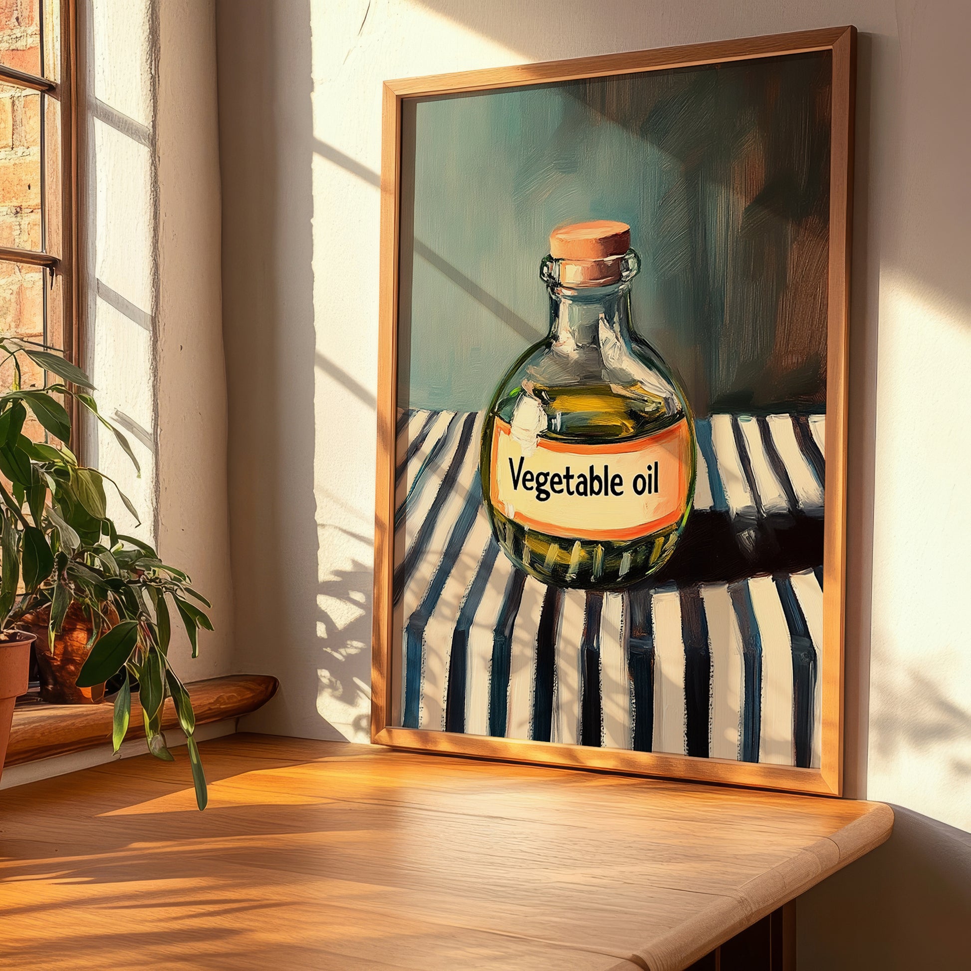 Vegetable Oil – on Striped Tablecloth, Pantry Print, clean layout with no caption