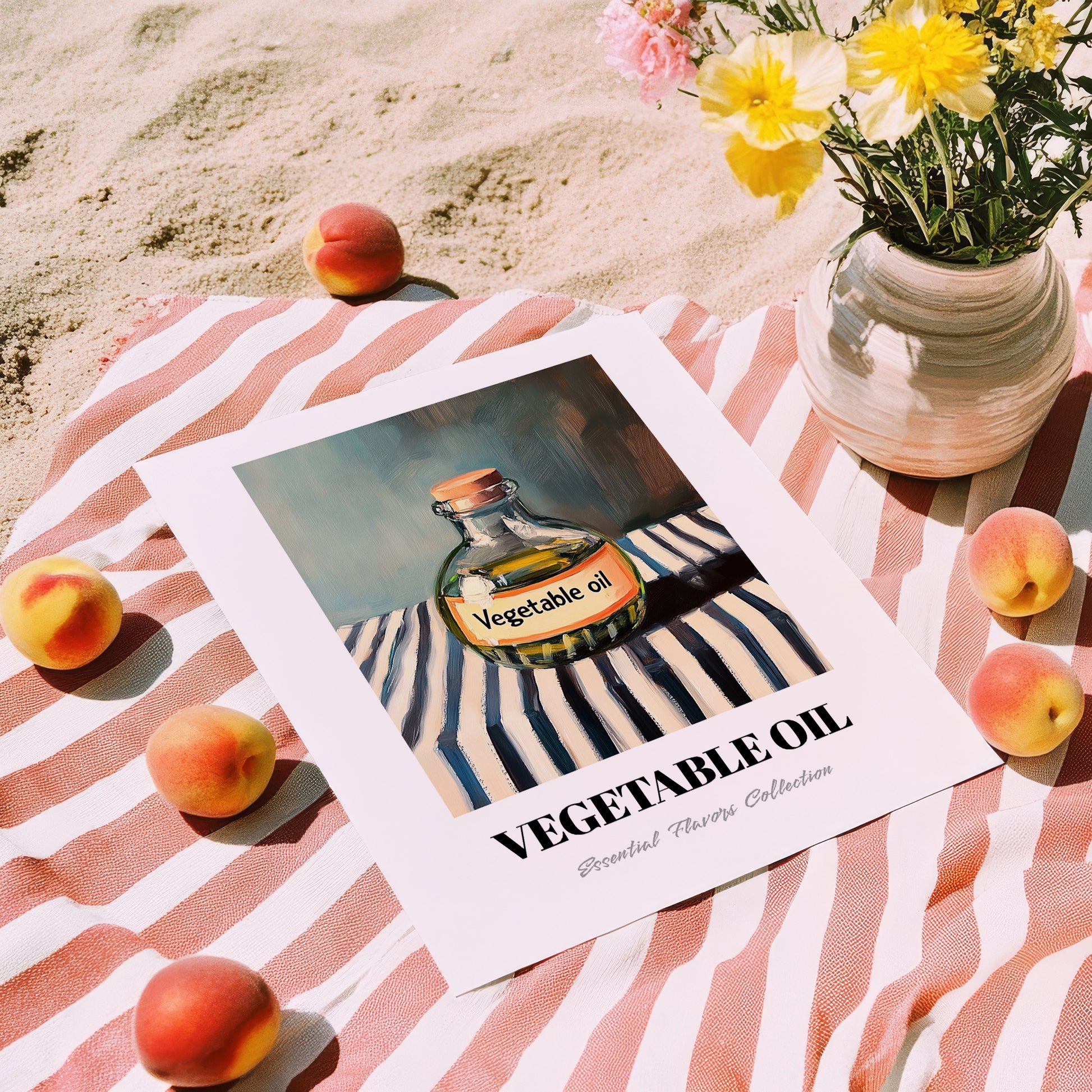 Vegetable Oil – on Striped Tablecloth, Pantry Print, unframed on coastal sand