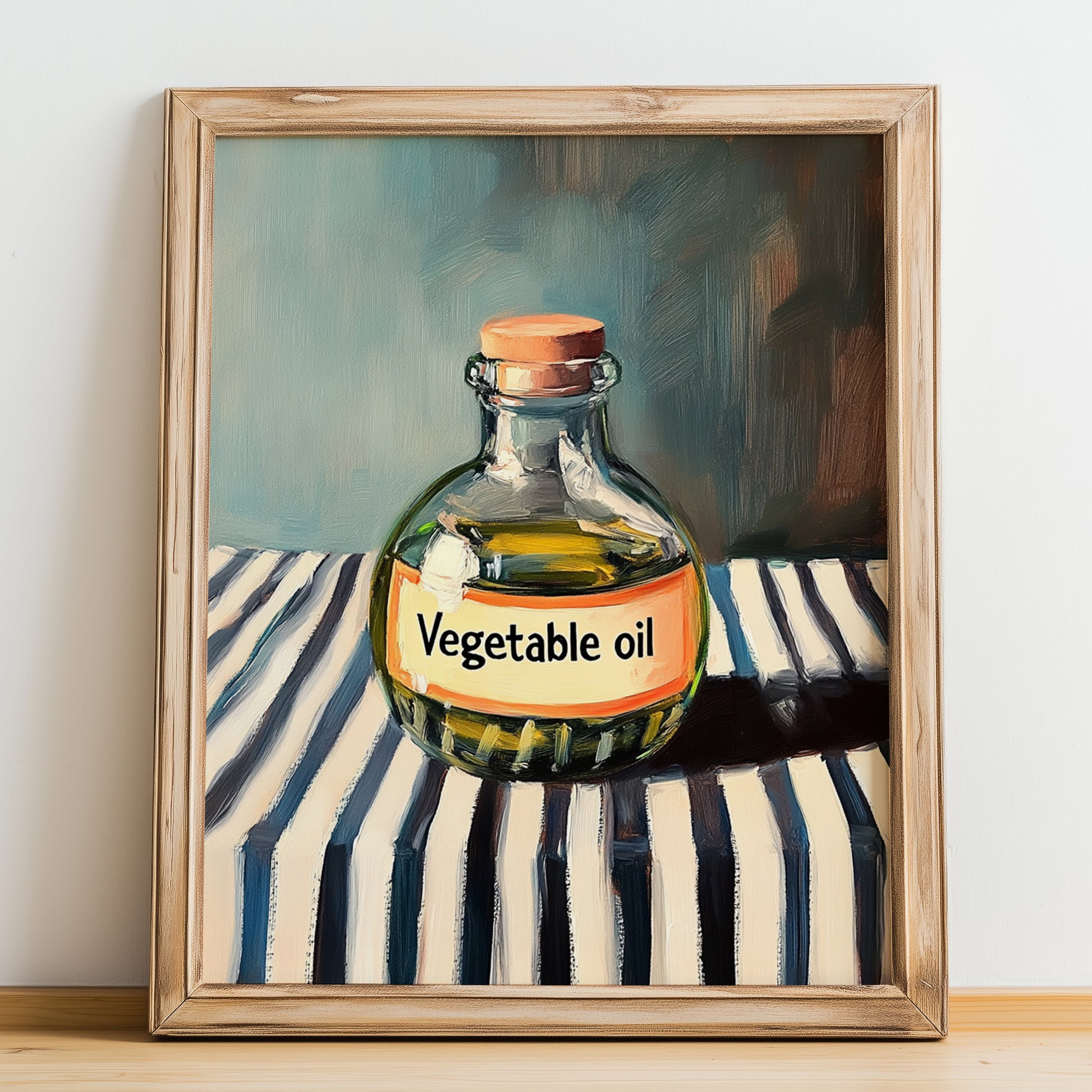 Vegetable Oil – on Striped Tablecloth, Pantry Print, no-text version framed in wood