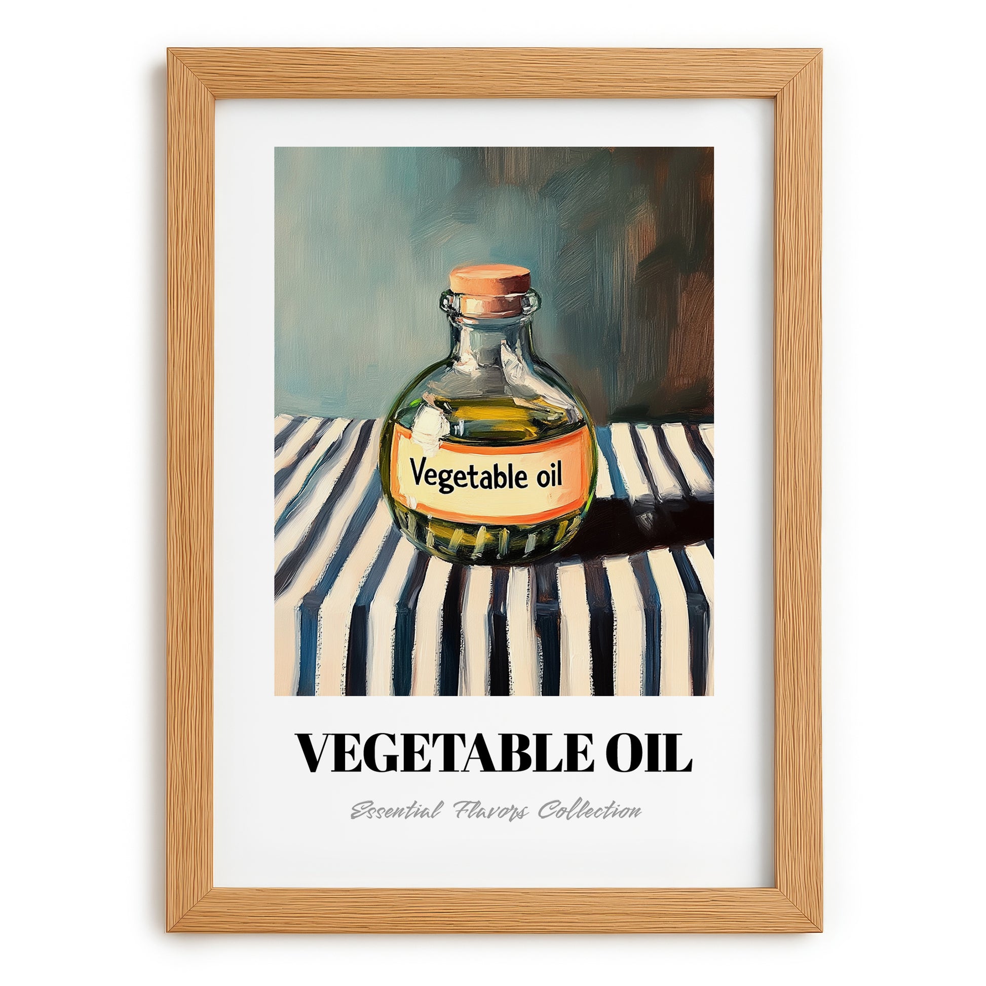 Vegetable Oil – on Striped Tablecloth, Pantry Print, set in oak frame