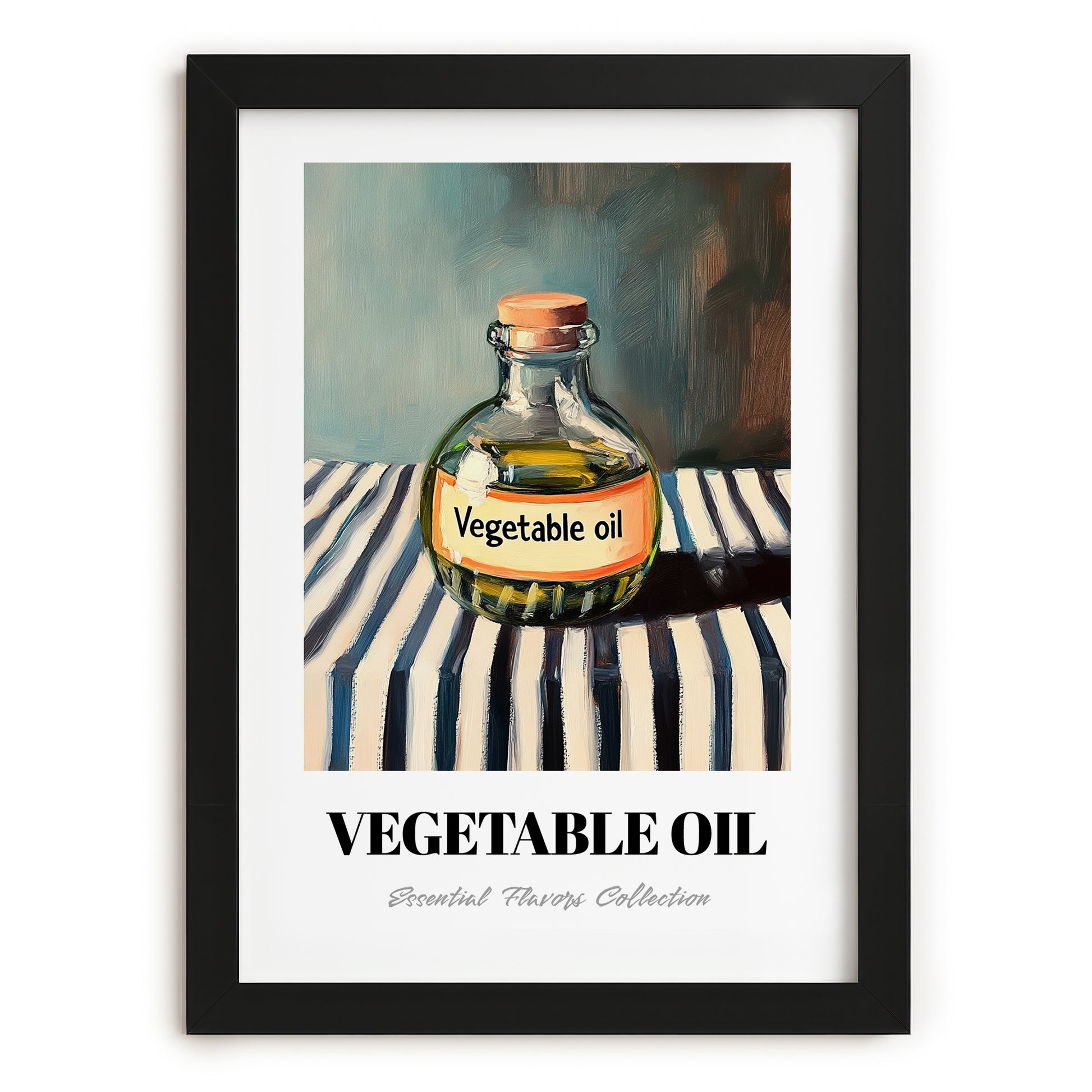 Vegetable Oil – on Striped Tablecloth, Pantry Print, in sleek black frame