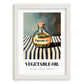 Vegetable Oil – on Striped Tablecloth, Pantry Print, placed in minimal white frame
