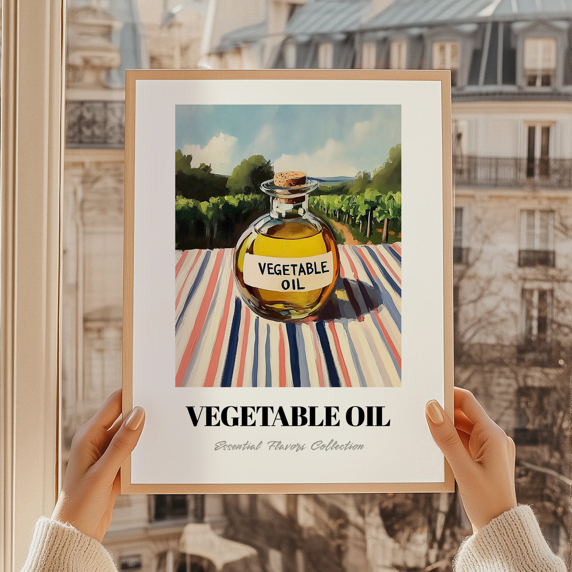 Vegetable Oil – Italian Hillside Café View, Food Shelf Still Life, styled in a charming Paris street view