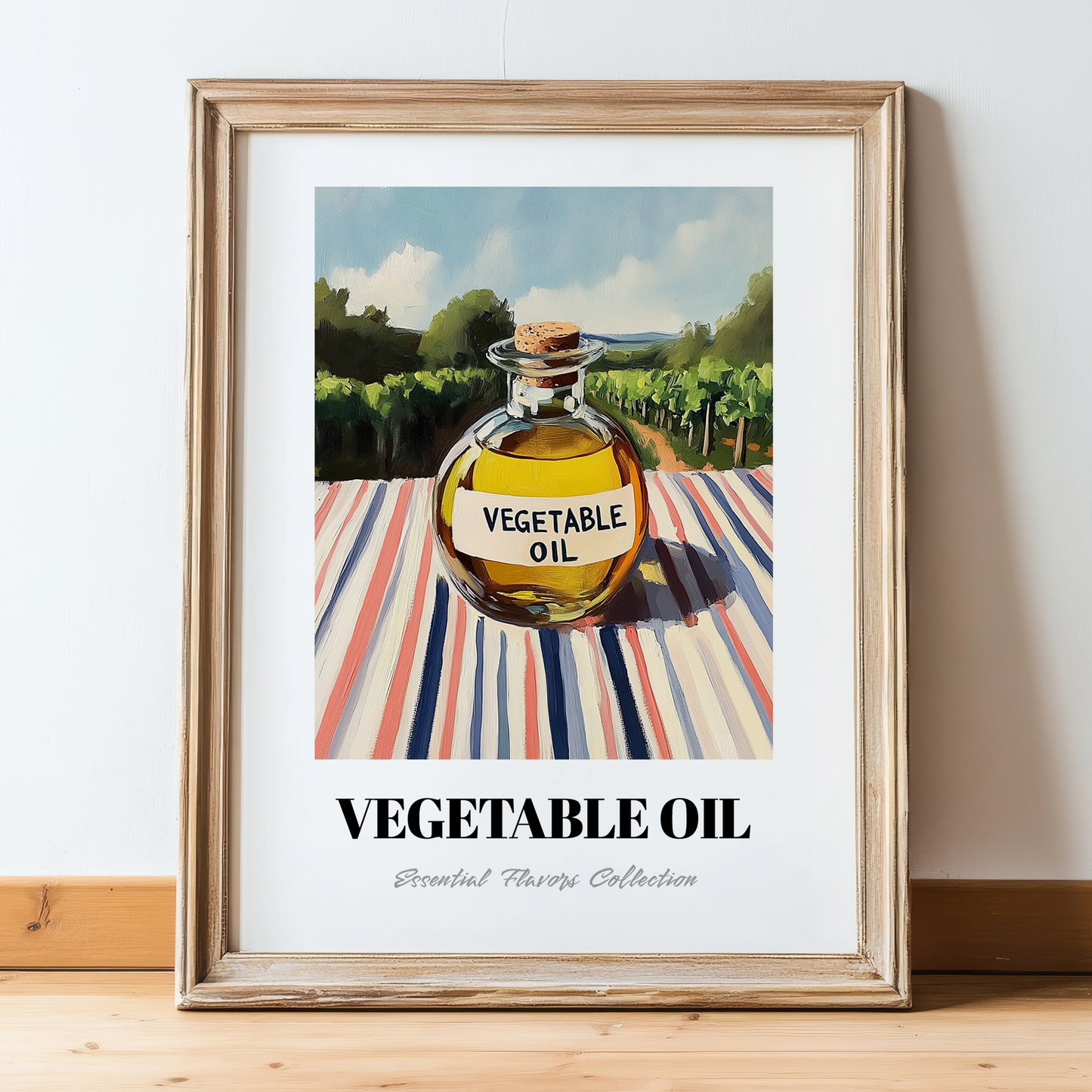 Vegetable Oil – Italian Hillside Café View, Food Shelf Still Life, in wooden frame leaning on the floor