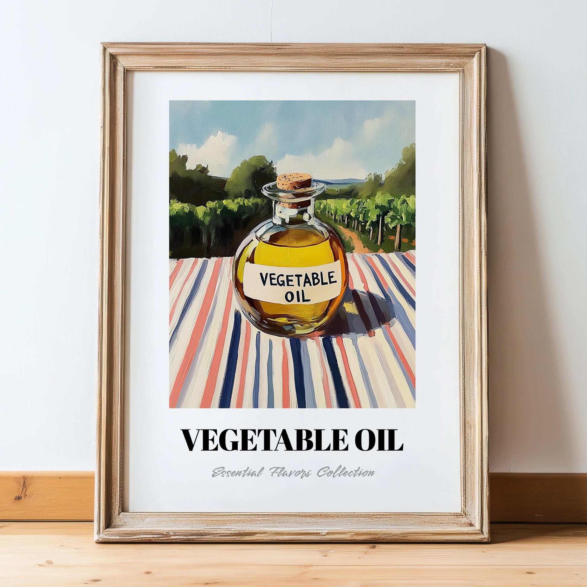 Vegetable Oil – Italian Hillside Café View, Food Shelf Still Life, in wooden frame leaning on the floor