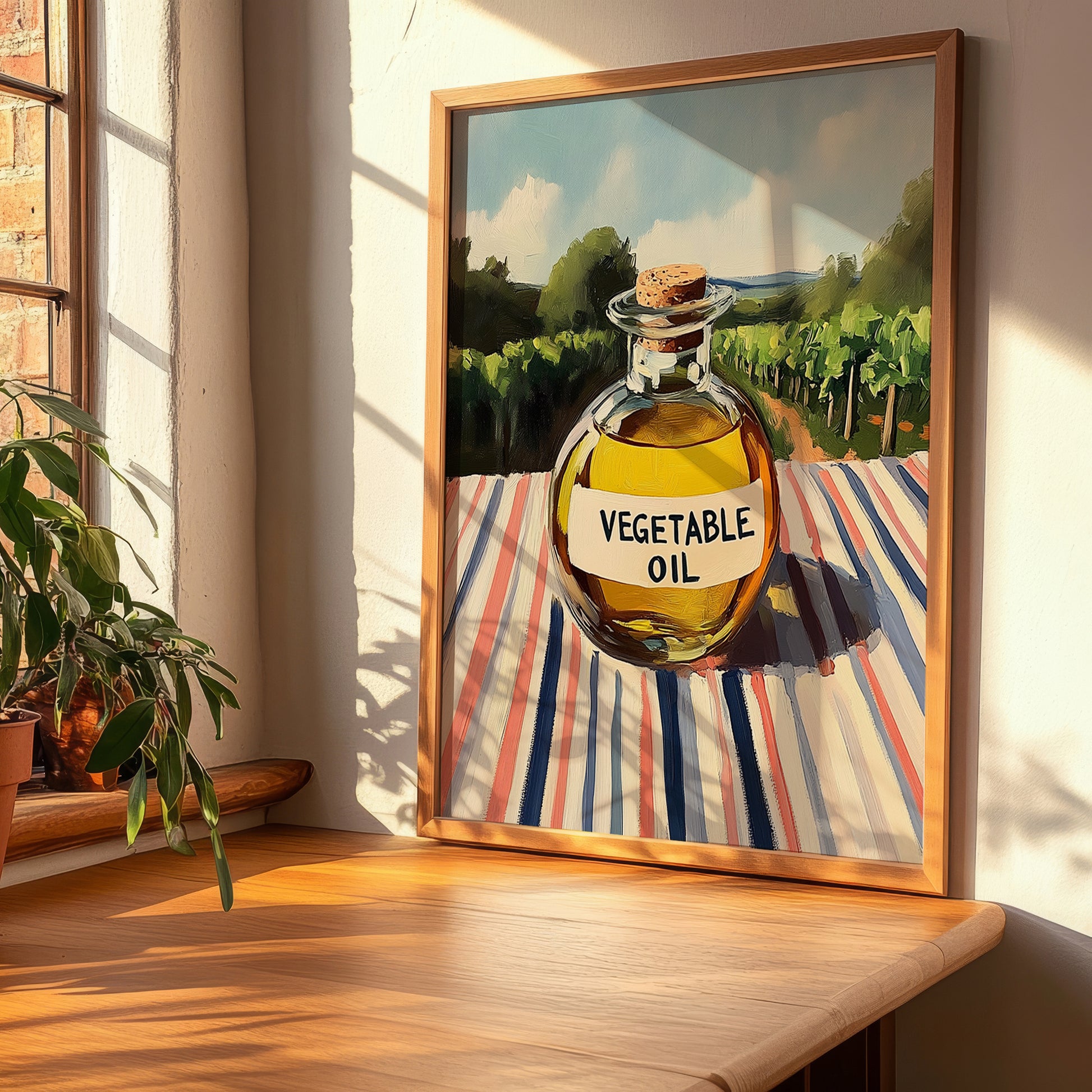 Vegetable Oil – Italian Hillside Café View, Food Shelf Still Life, clean layout with no caption