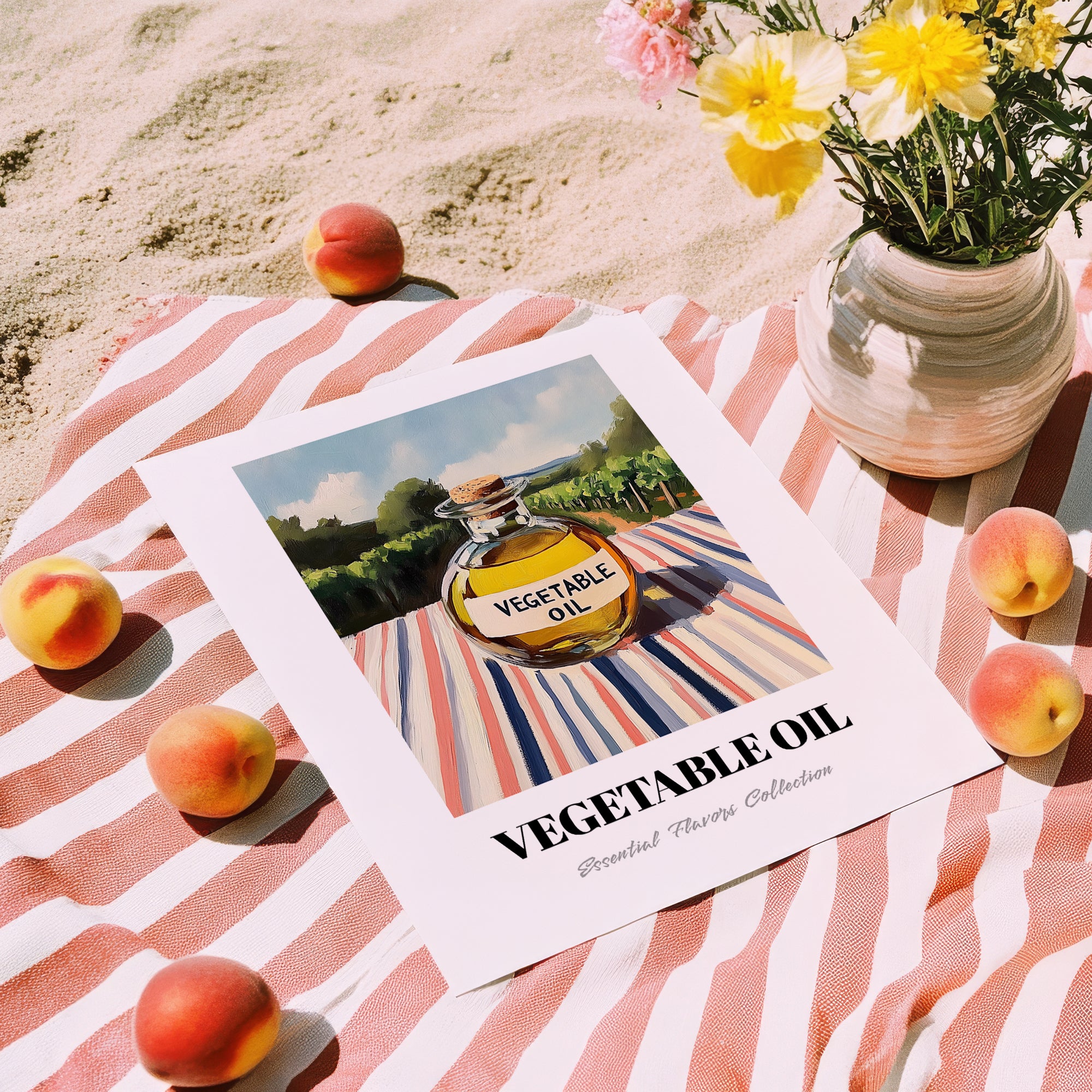 Vegetable Oil – Italian Hillside Café View, Food Shelf Still Life, unframed on coastal sand