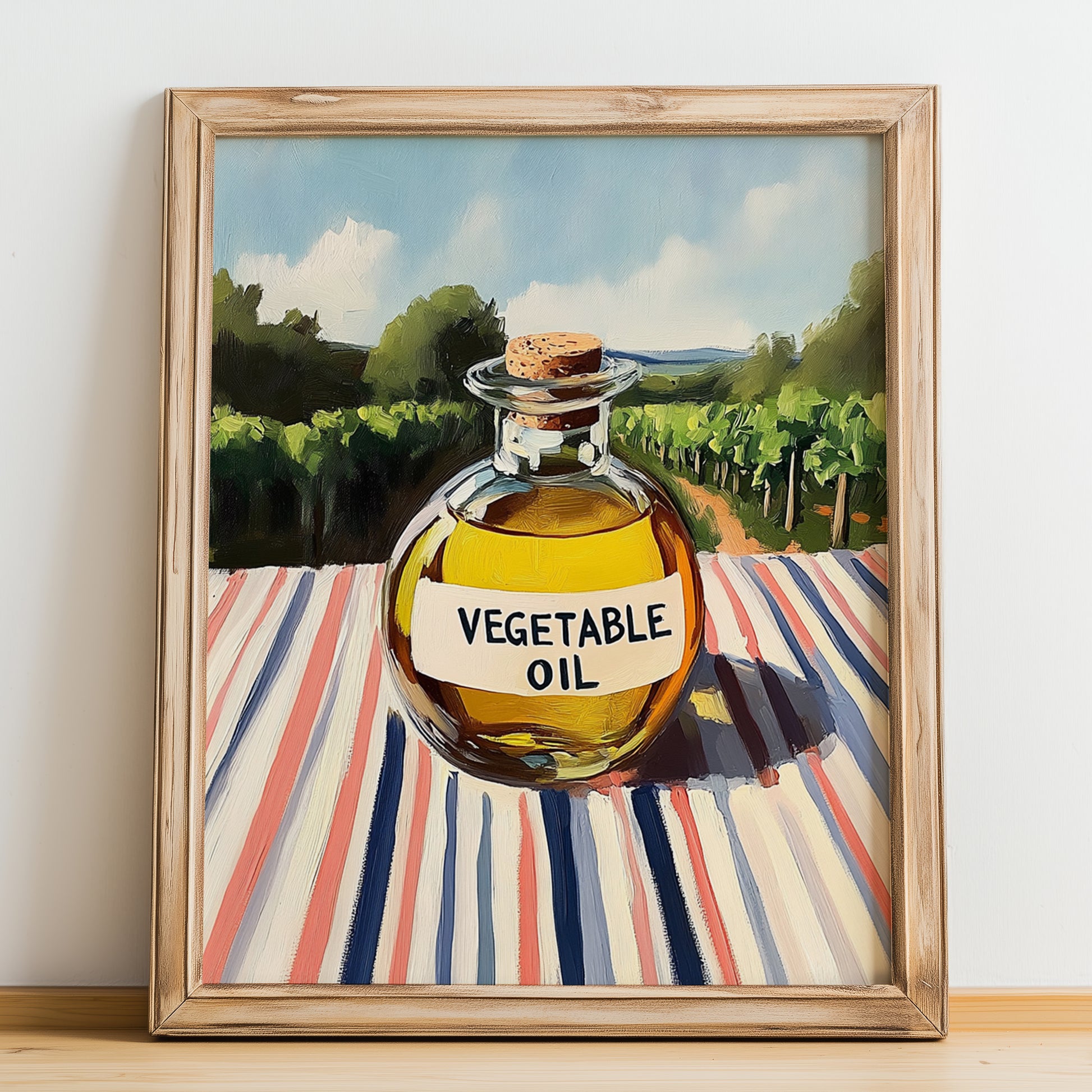 Vegetable Oil – Italian Hillside Café View, Food Shelf Still Life, no-text version framed in wood