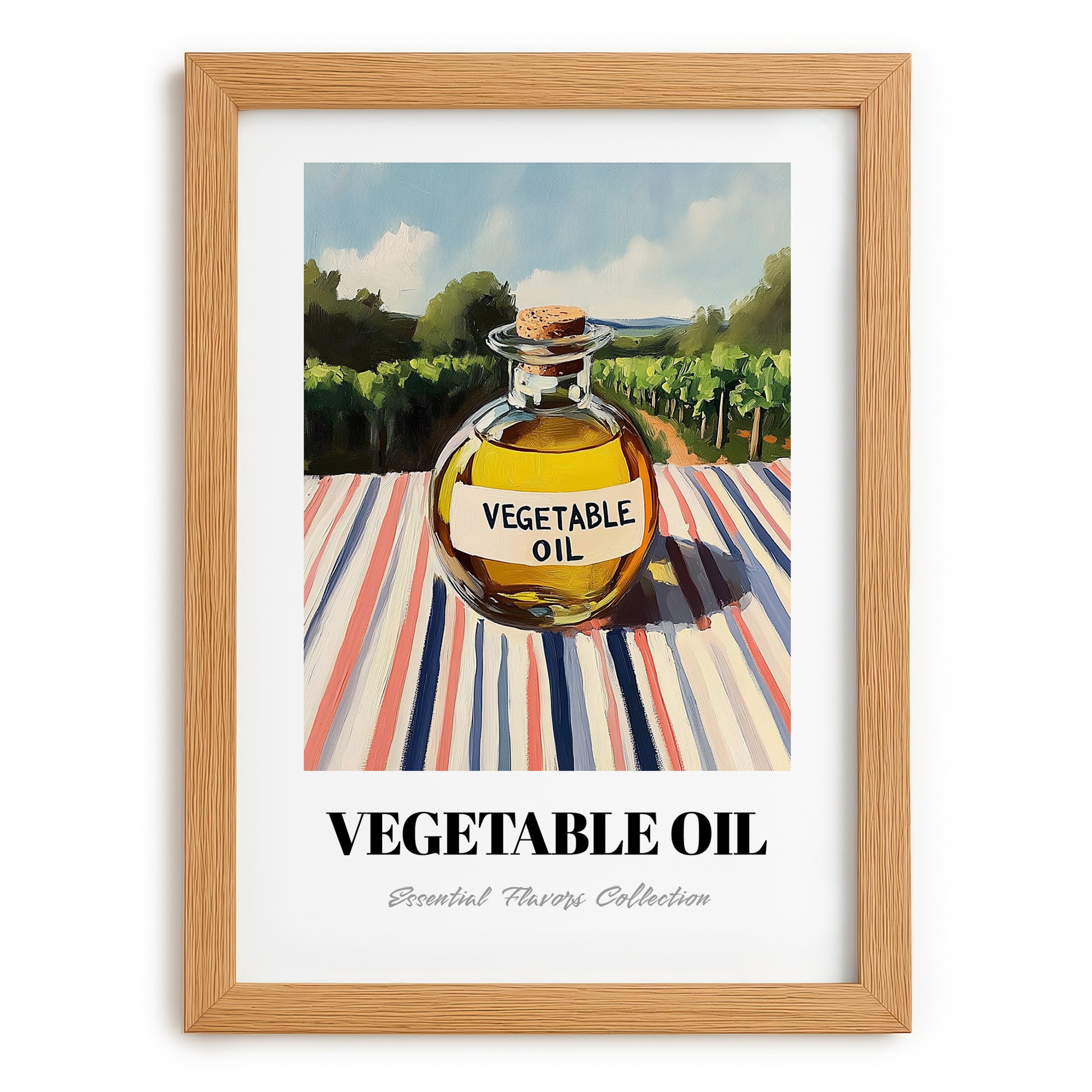 Vegetable Oil – Italian Hillside Café View, Food Shelf Still Life, set in oak frame