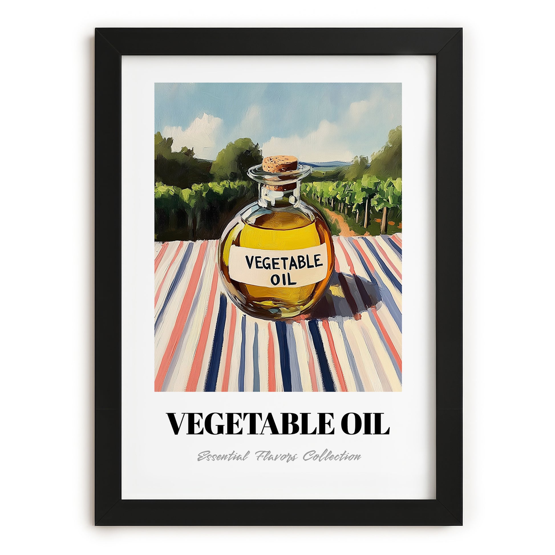 Vegetable Oil – Italian Hillside Café View, Food Shelf Still Life, in sleek black frame