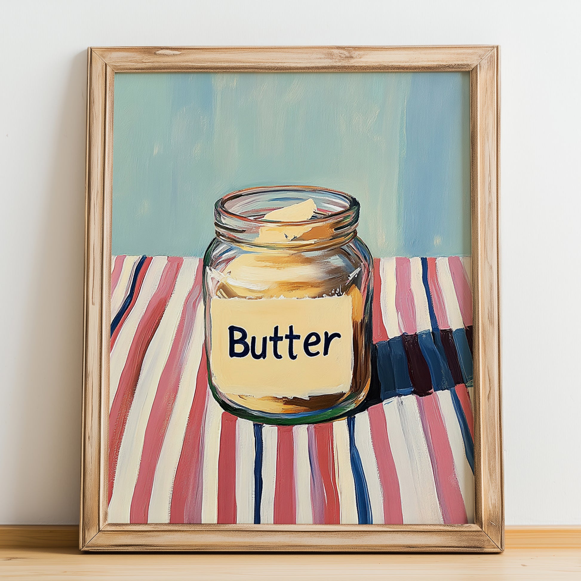 Butter – on Striped Tablecloth, Dry Goods Painting, no-text version framed in wood