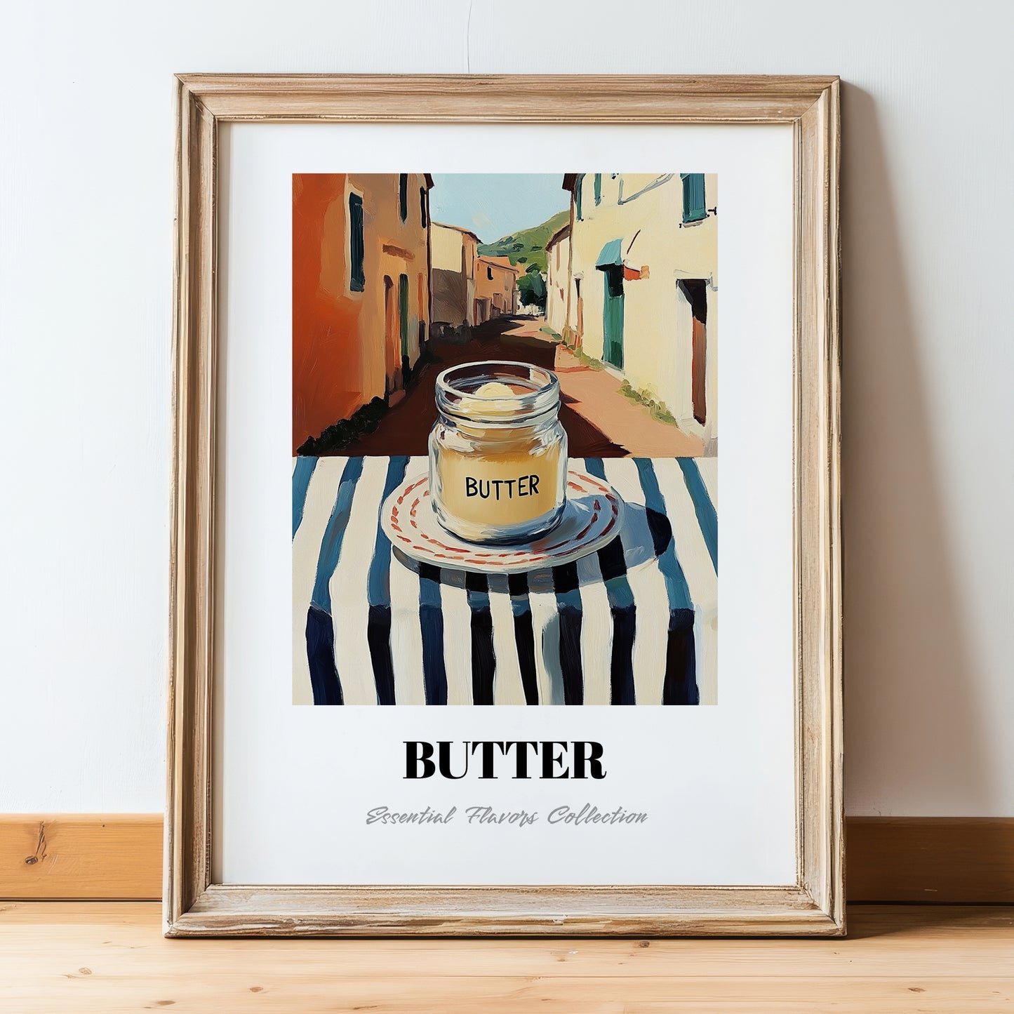 Butter – Italian Café on the Corner, Grocery Still Life, in wooden frame leaning on the floor