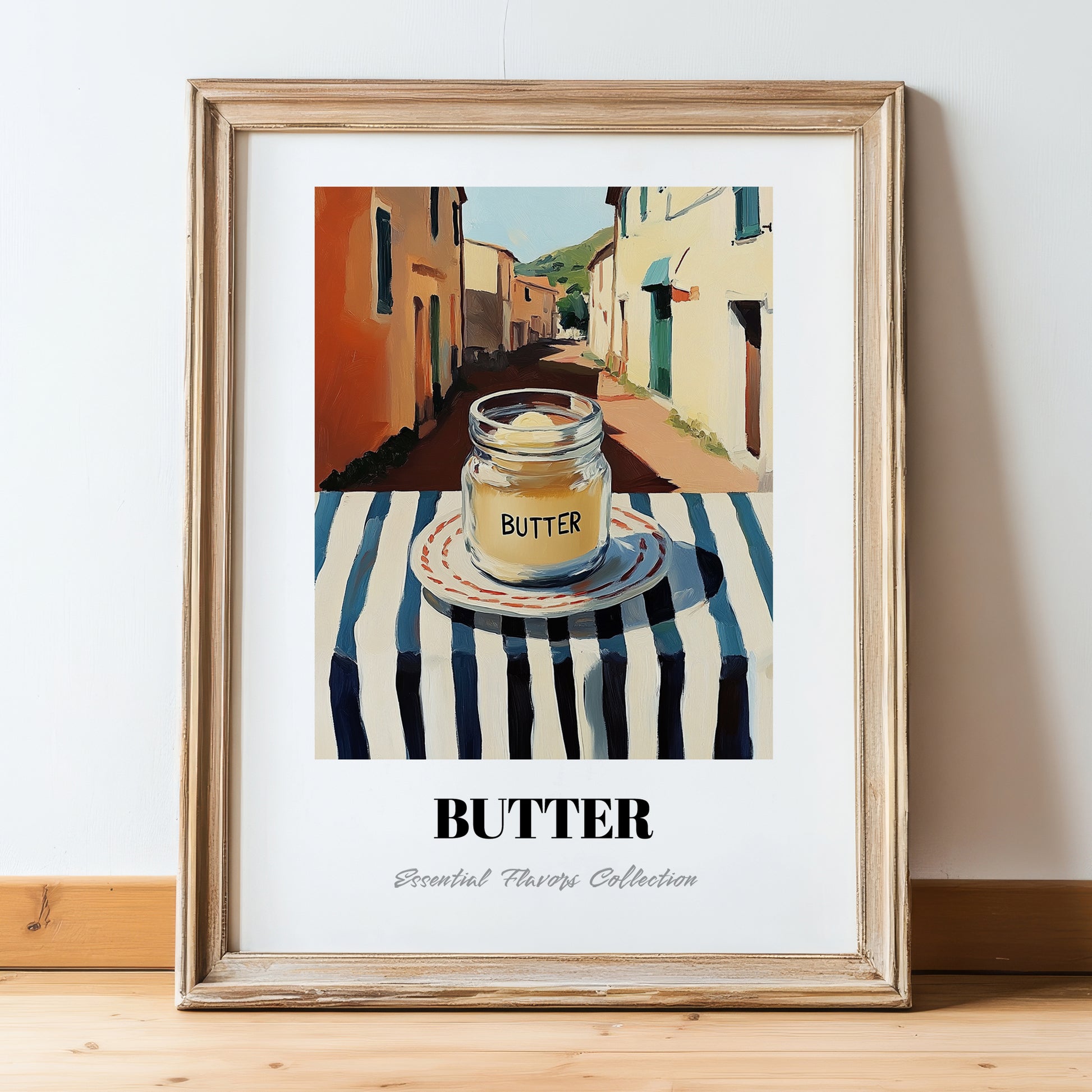 Butter – Italian Café on the Corner, Grocery Still Life, in wooden frame leaning on the floor