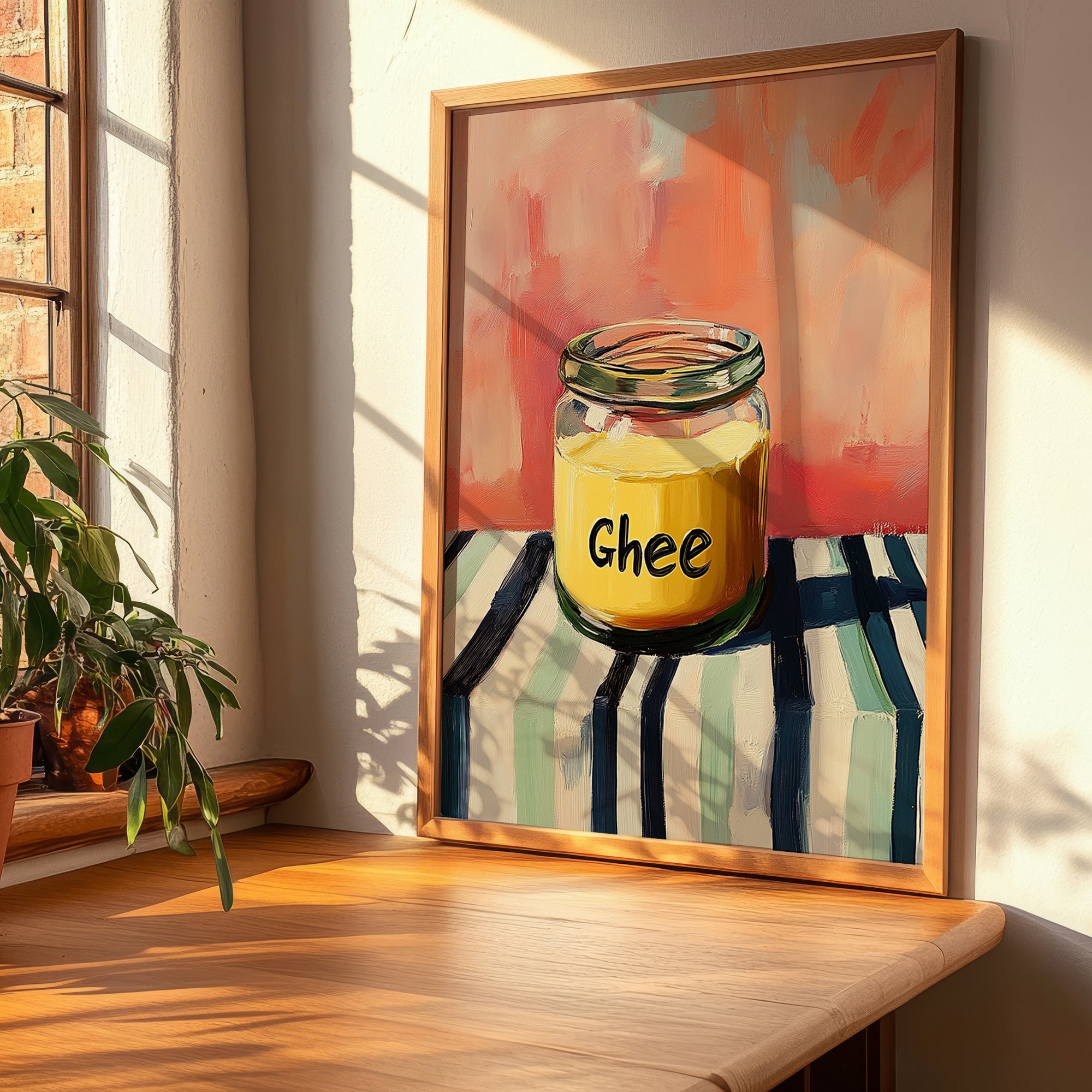 Ghee – on Striped Tablecloth, Ingredients Corner Wall Decor, clean layout with no caption