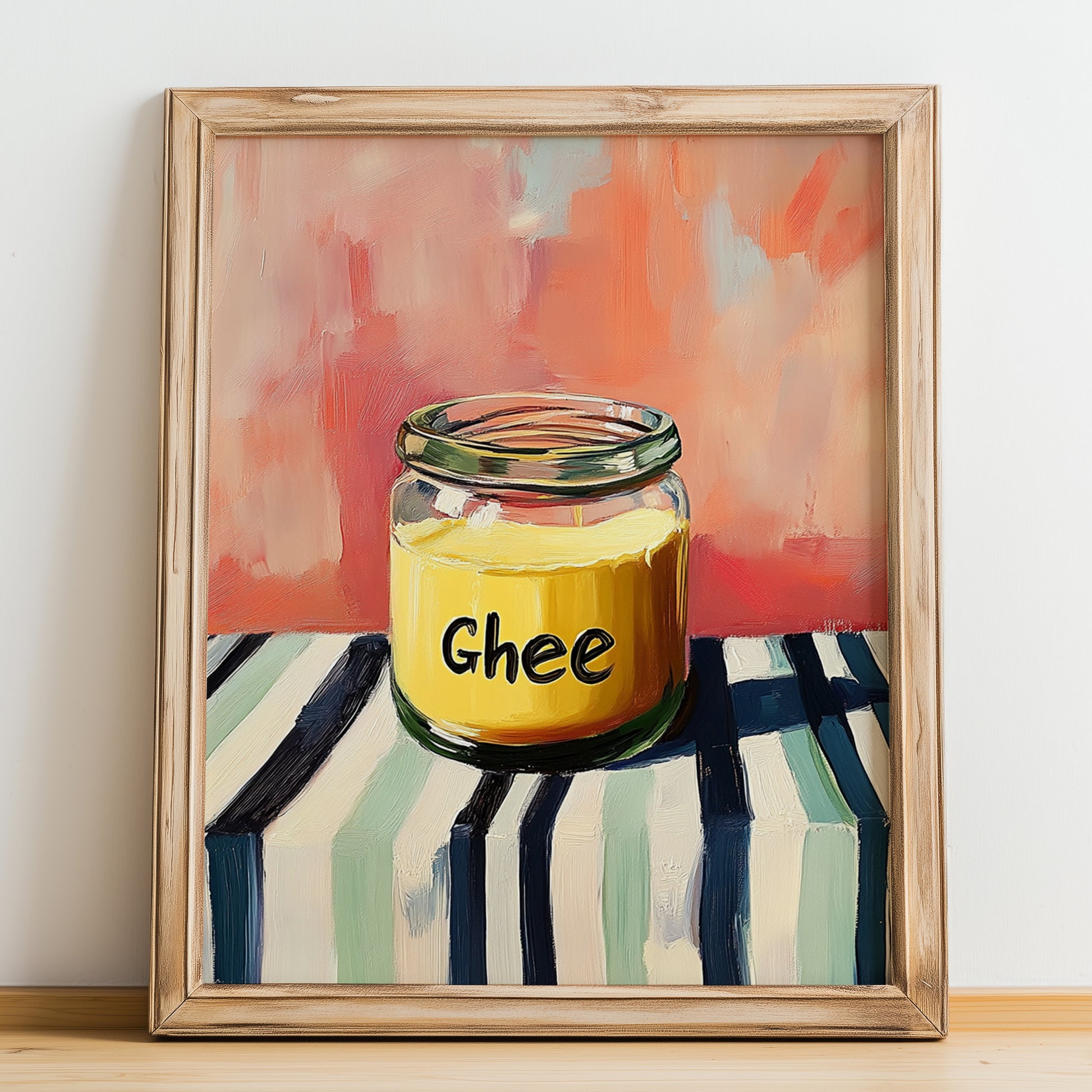 Ghee – on Striped Tablecloth, Ingredients Corner Wall Decor, no-text version framed in wood