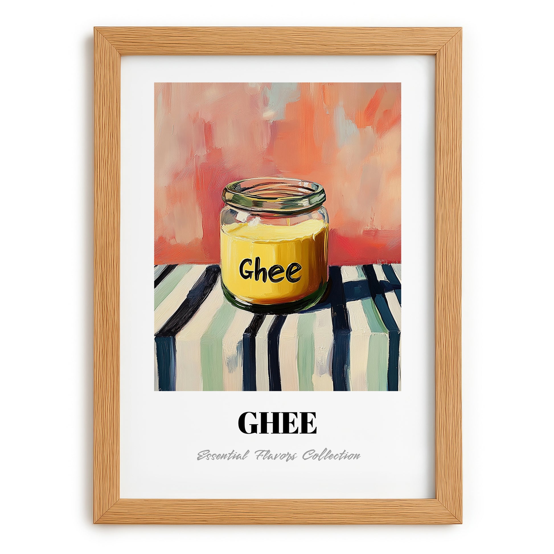 Ghee – on Striped Tablecloth, Ingredients Corner Wall Decor, set in oak frame