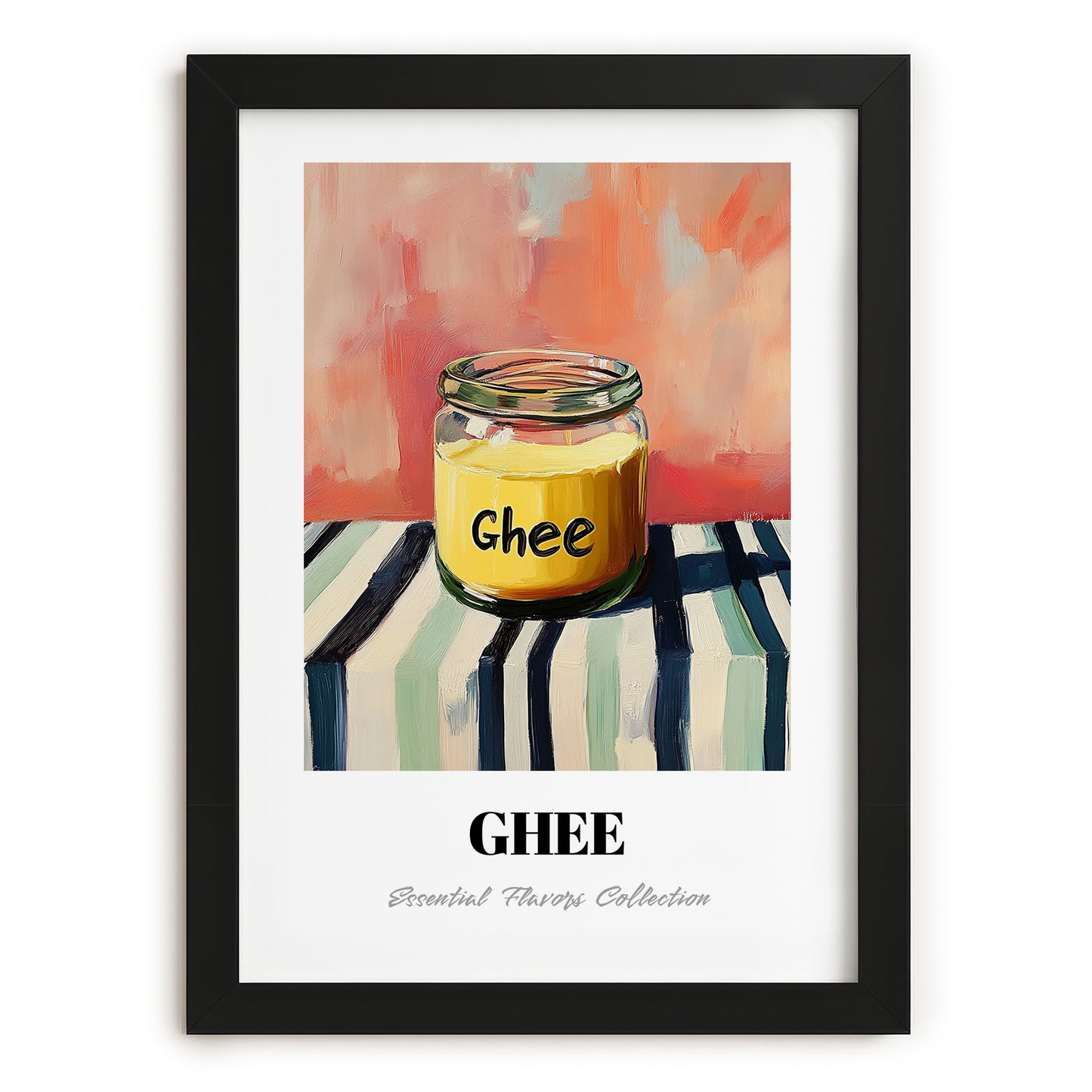 Ghee – on Striped Tablecloth, Ingredients Corner Wall Decor, in sleek black frame